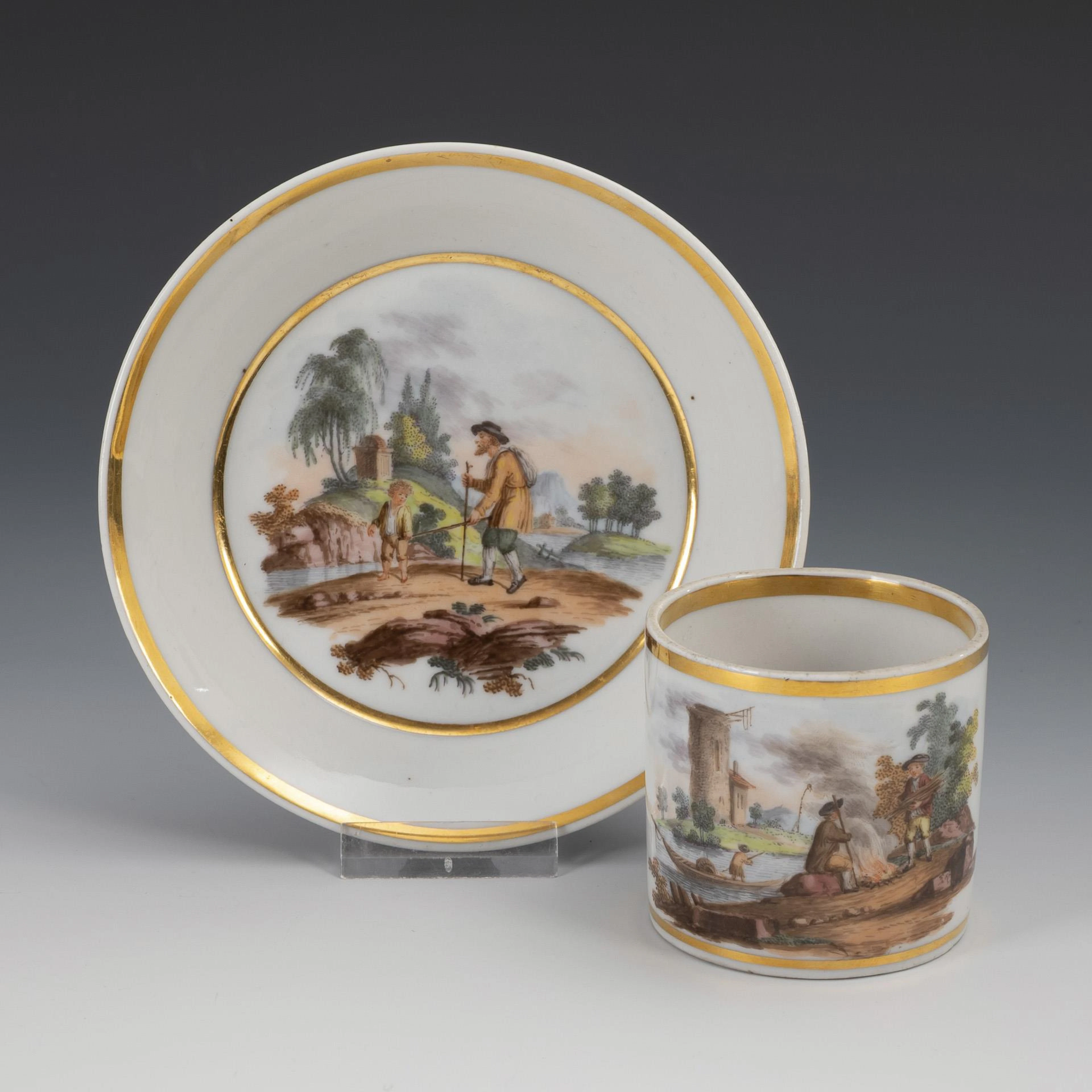 Vitrine cup with landscape and figure painting. Bacon.