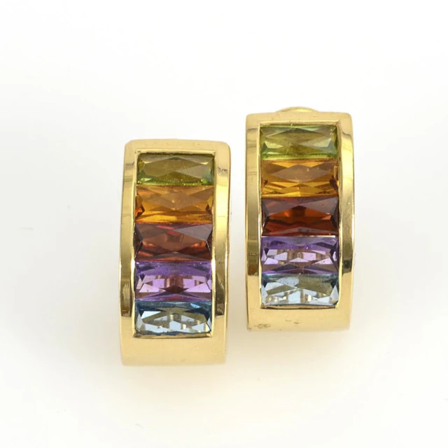 Clip-on earrings with multicolored gemstone accents.