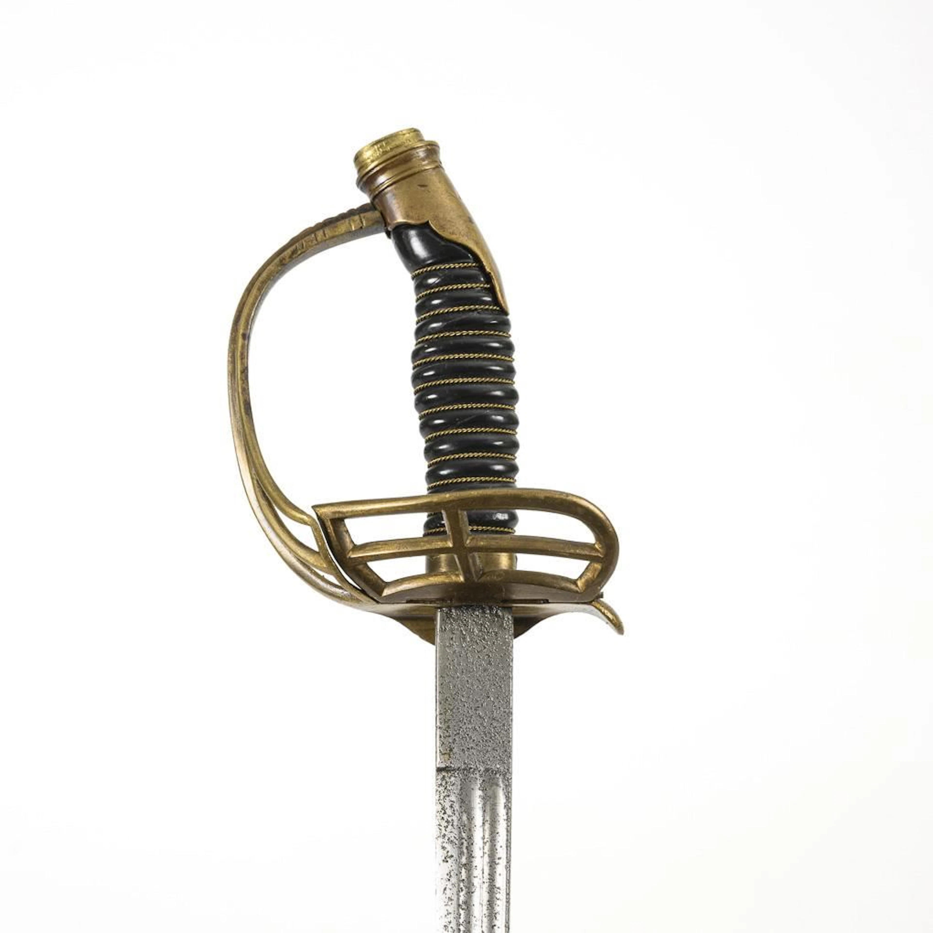 Sword with an unusual folding guard.