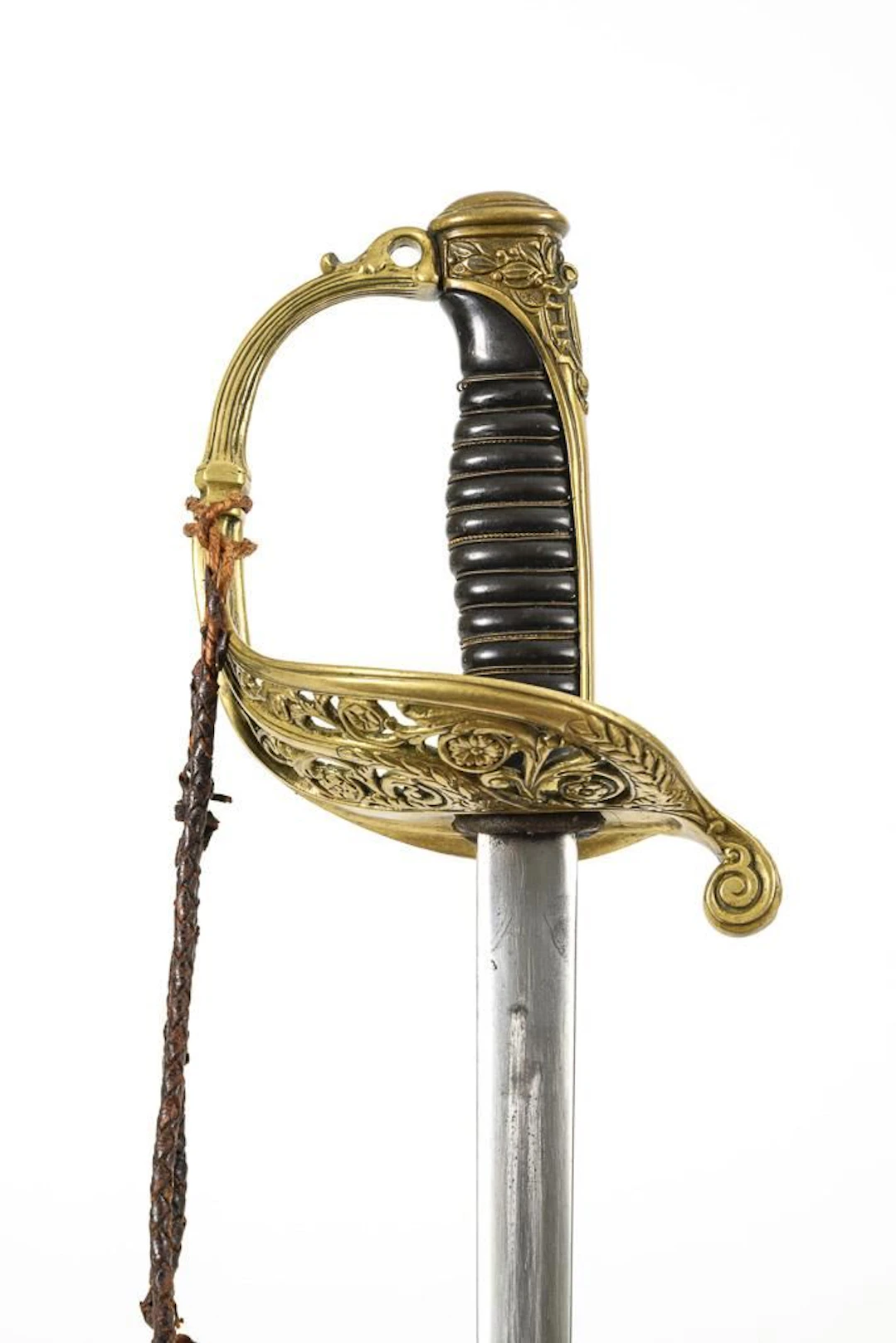 Heavy sword with leather scabbard hilt and scabbard.