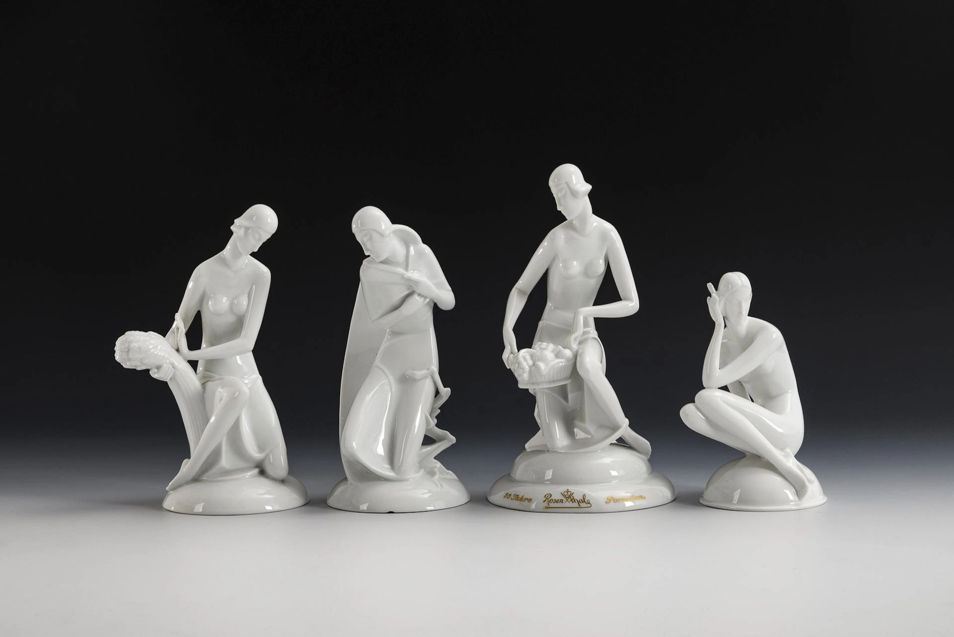 4 art deco figures: 3 seasons female figures and 1 female nude. Rosenthal.
