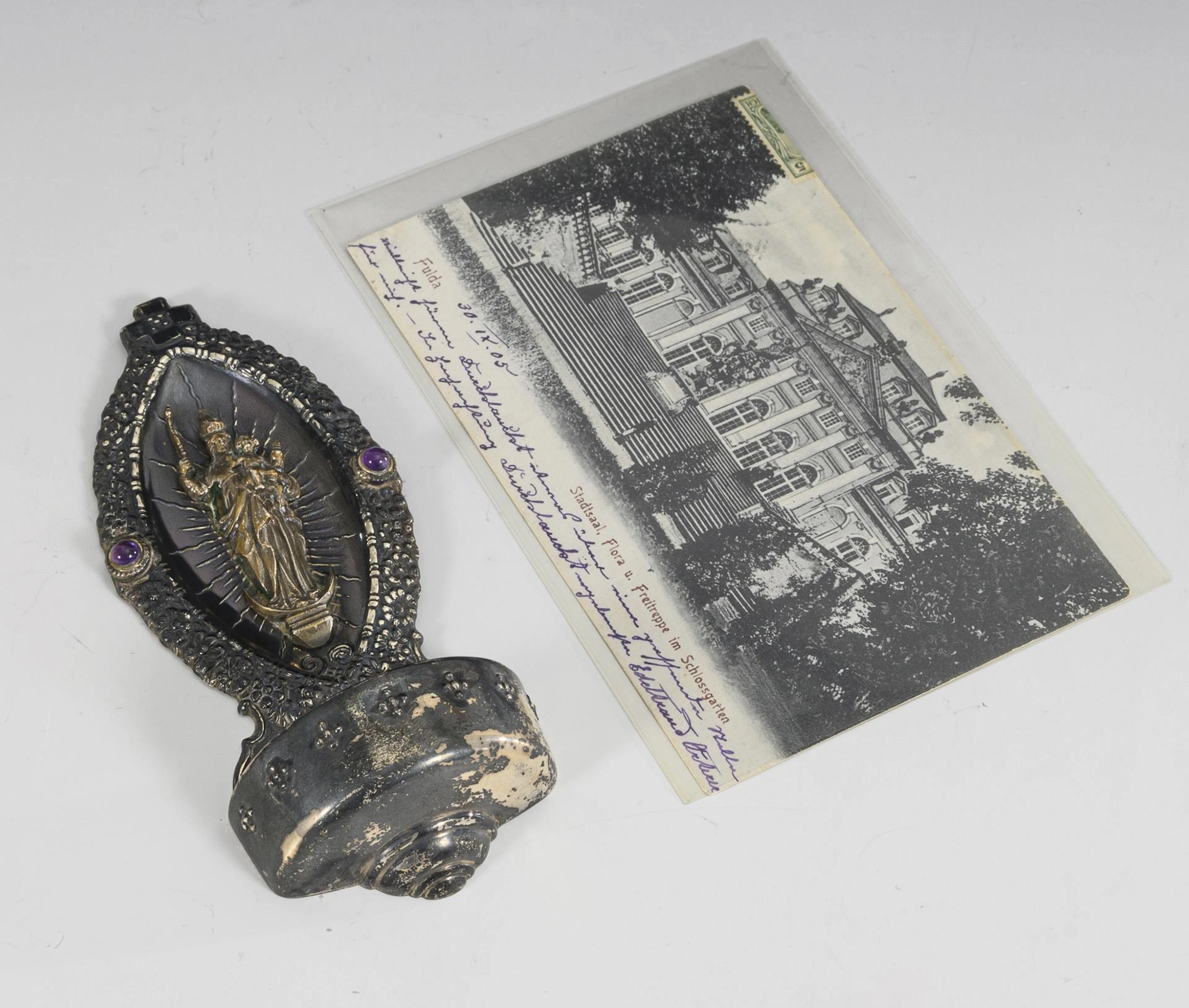 Silver holy water vessel and postcard to Princess von Thurn und Taxis.