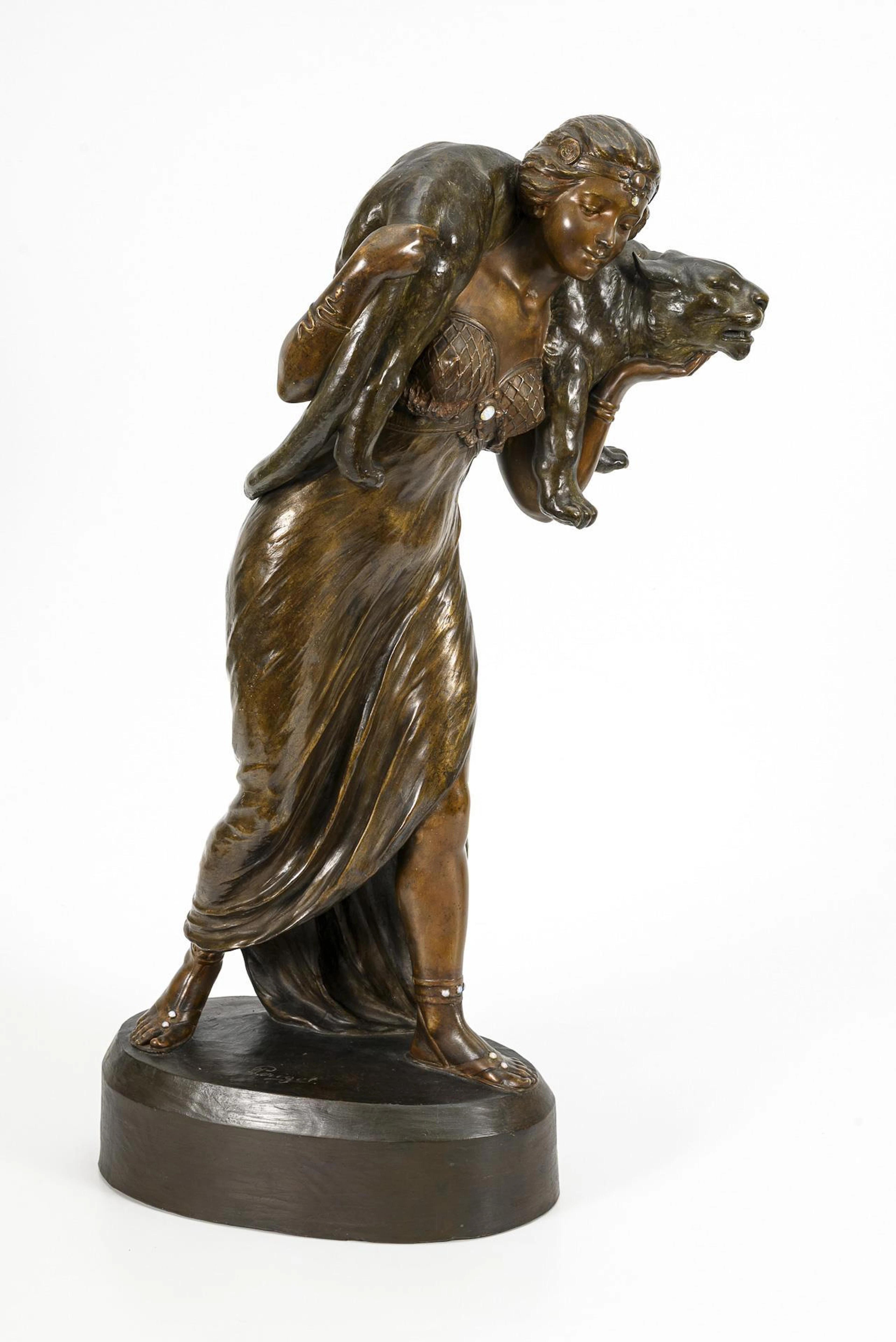 Large Art Nouveau terracotta figurine "Woman with panther". Viennese