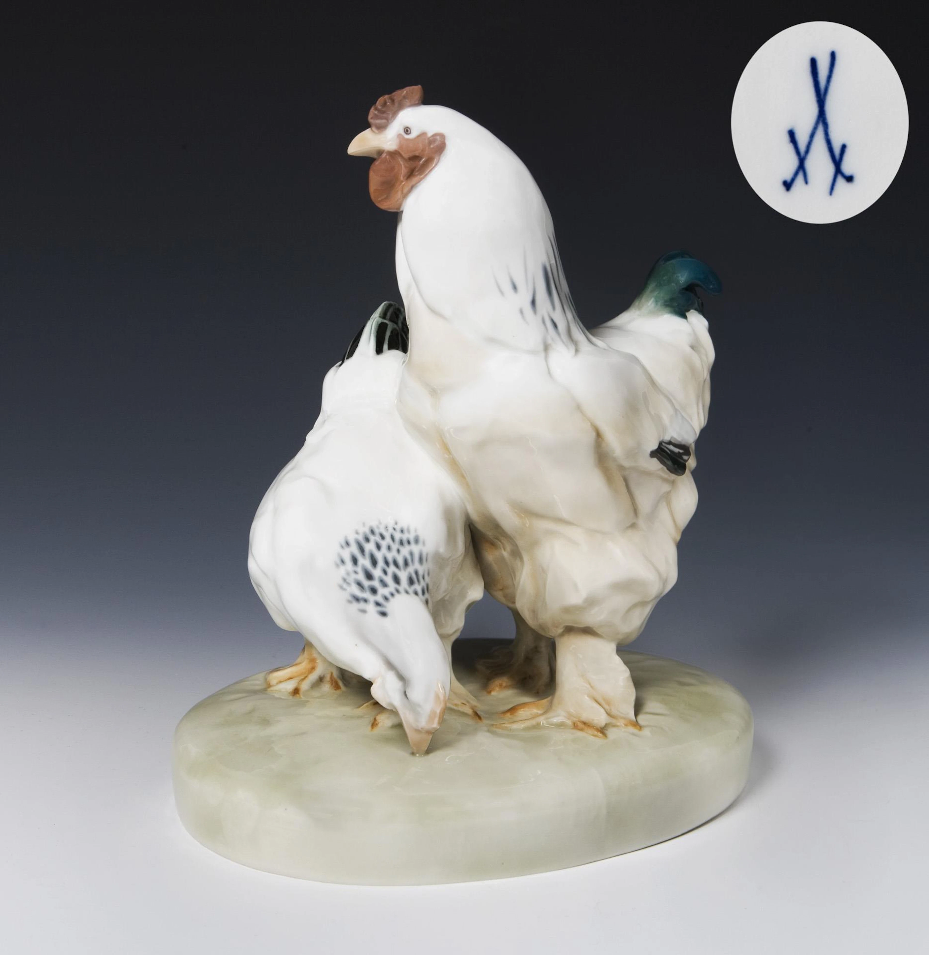 Art Nouveau animal figurine group: Brahma chickens. Meissen.