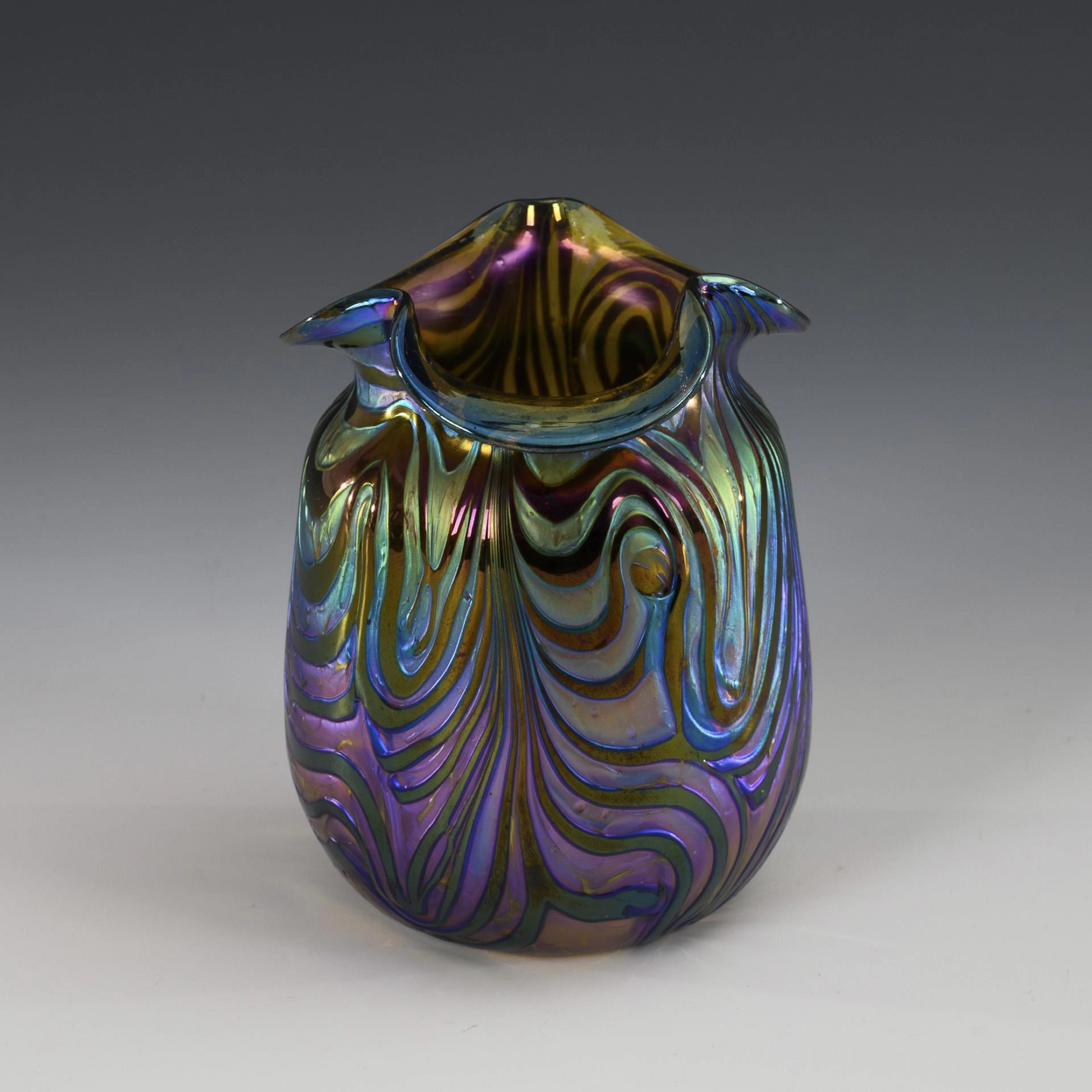 Art Nouveau vase with violet thread on silver-yellow crumbs. Kralik.