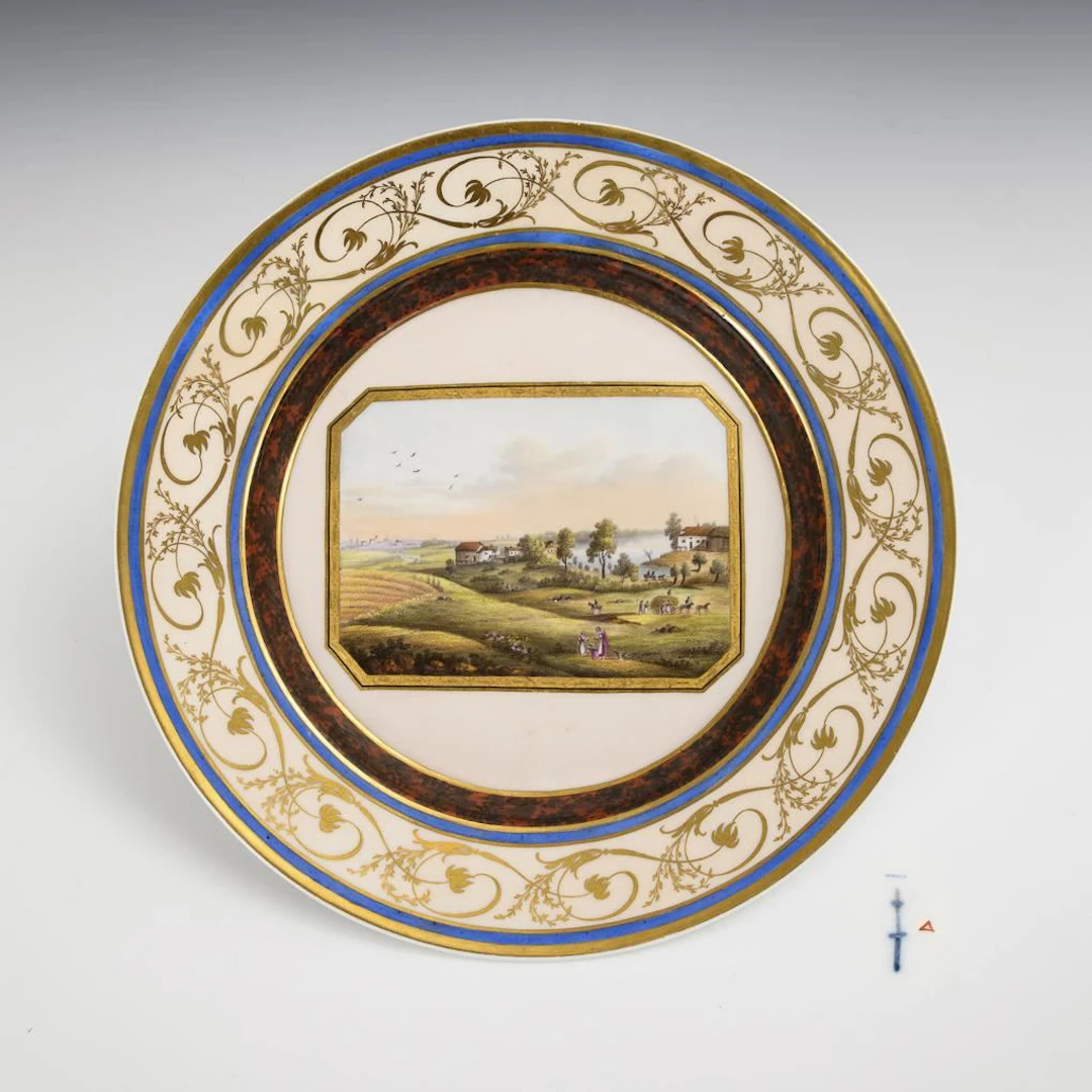 Biedermeier landscape plate, "The Area Around the Lauth Mill.". KPM Berlin.