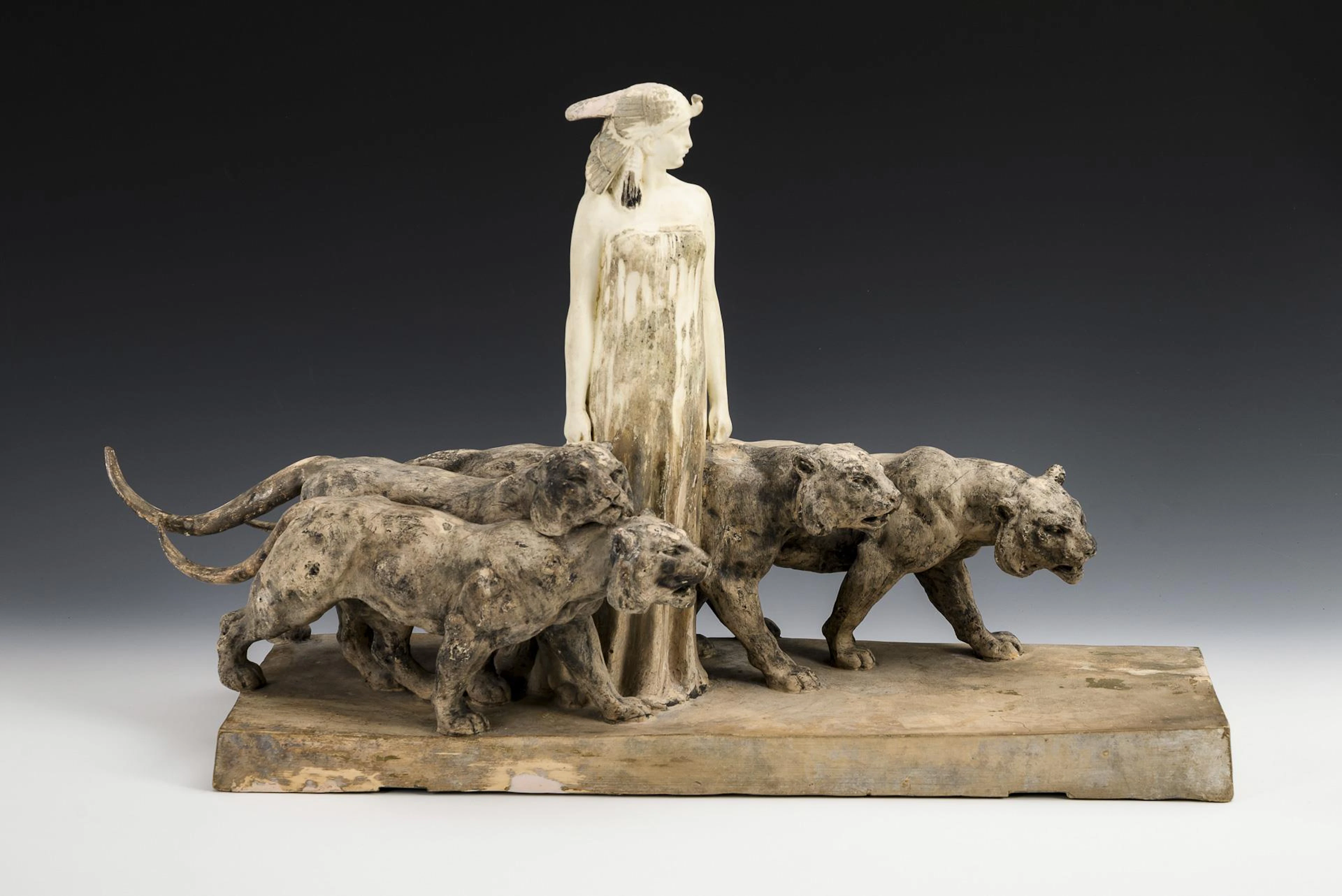 Large Art Nouveau terracotta figurine group "Goddess with four lions".