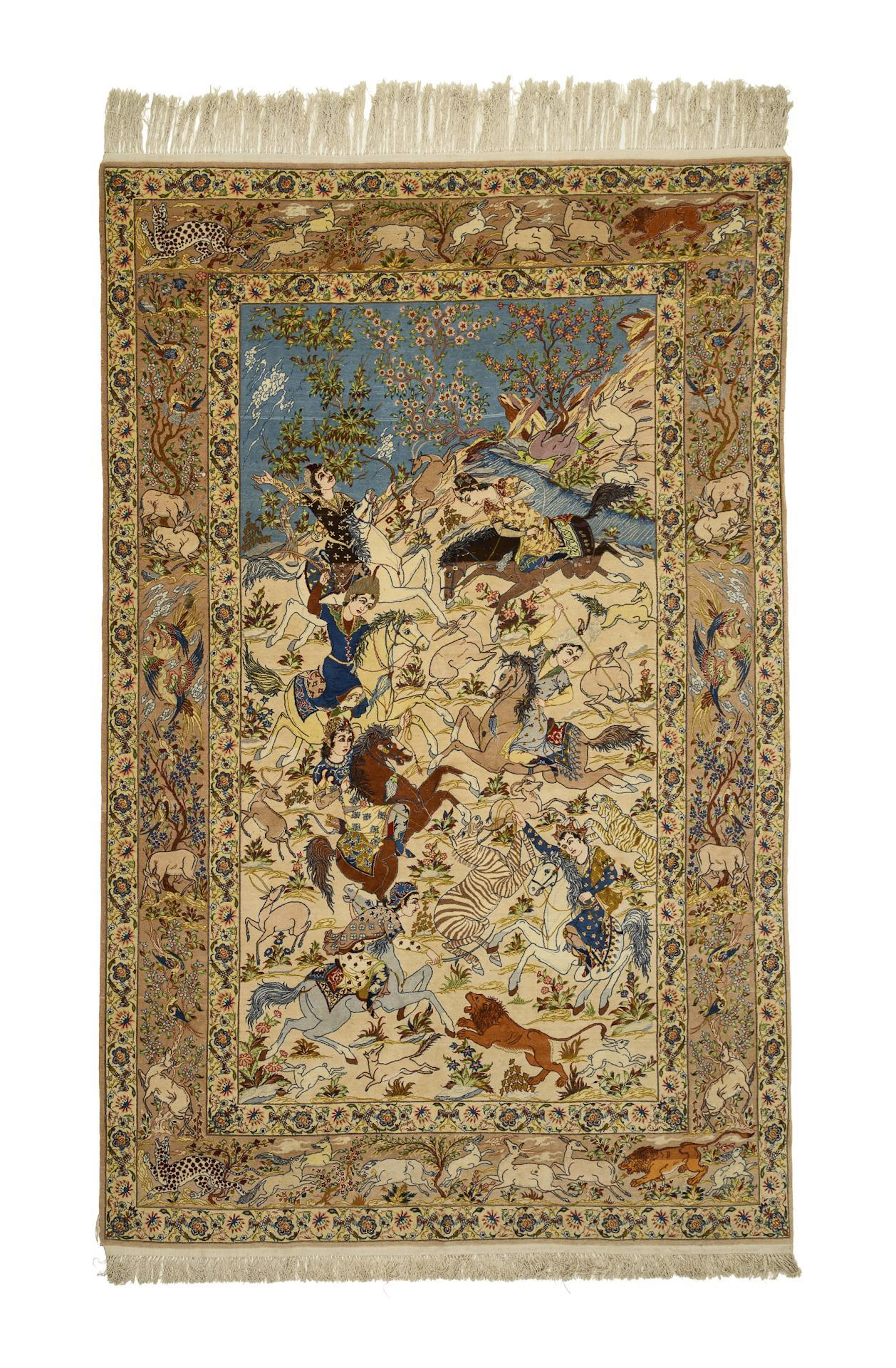 Large oriental tapestry with hunting scene.