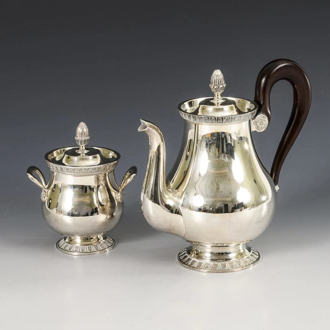 Silver-plated teapot and sugar bowl. Christofle, Paris.