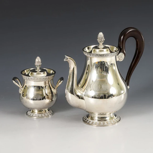Silver-plated teapot and sugar bowl. Christofle, Paris.