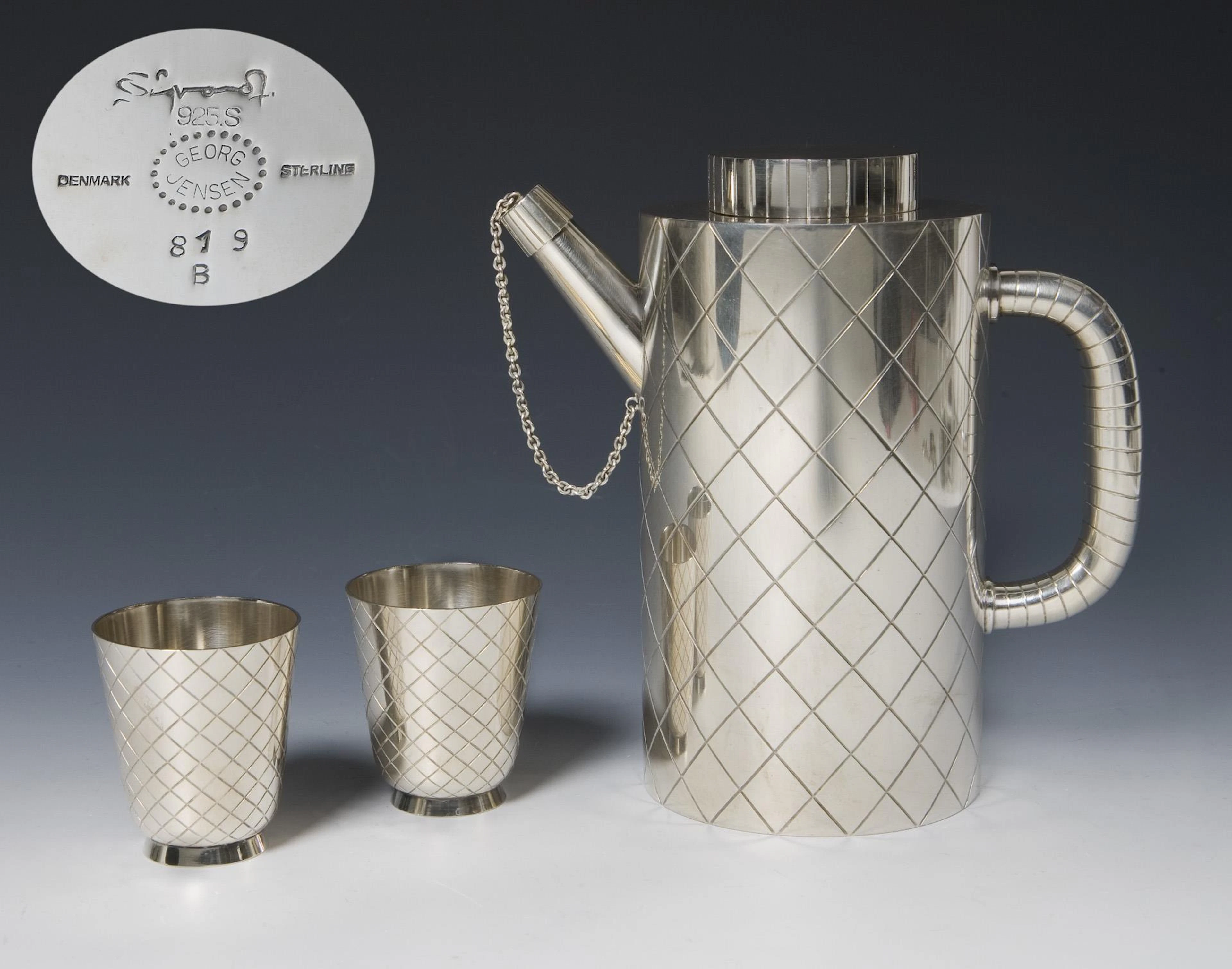 Rare 3-piece cocktail set: shaker, pair of tumblers. Georg Jensen, Copenhagen.