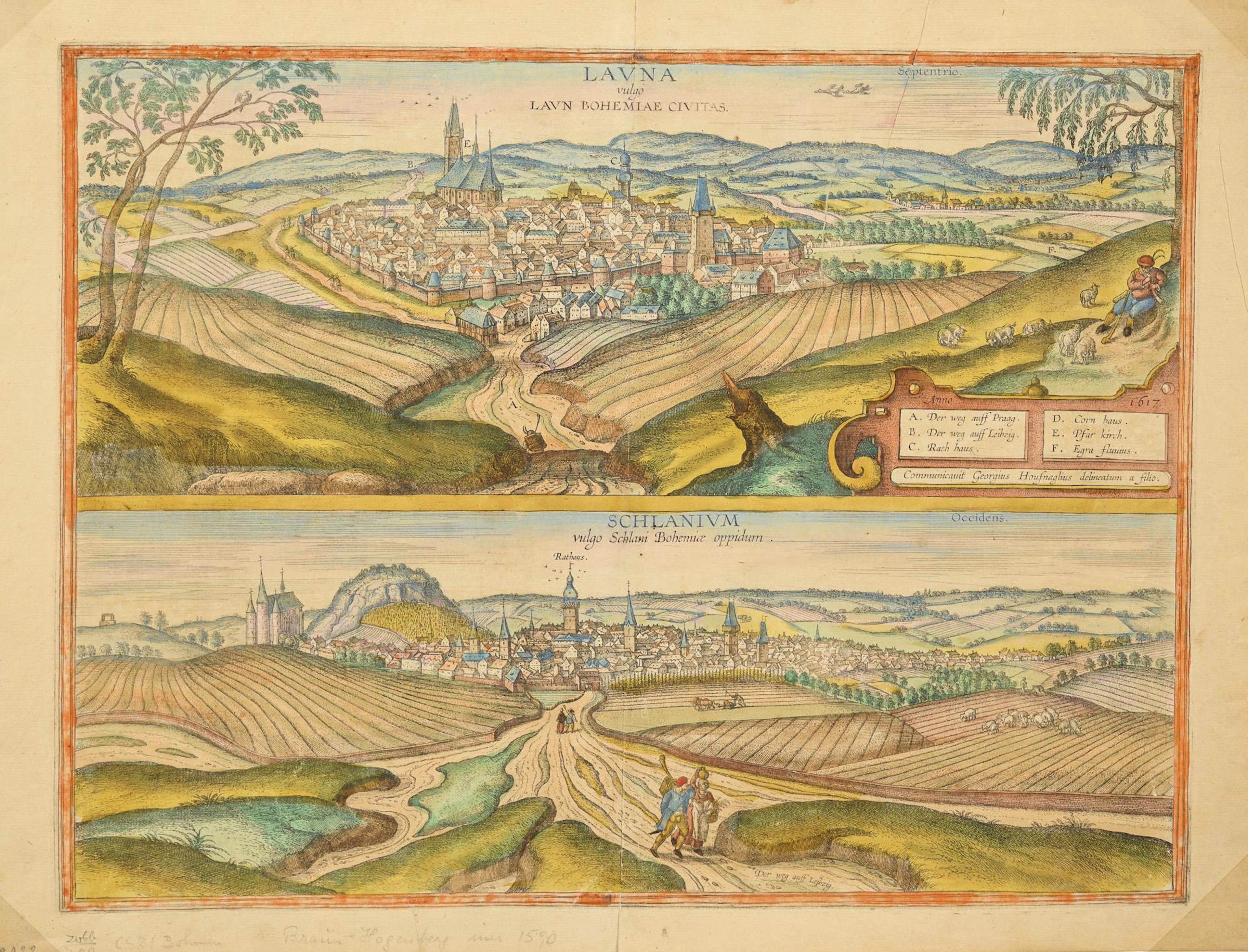 View of Slaný (Schlan) and Louny (Laun) / Bohemia