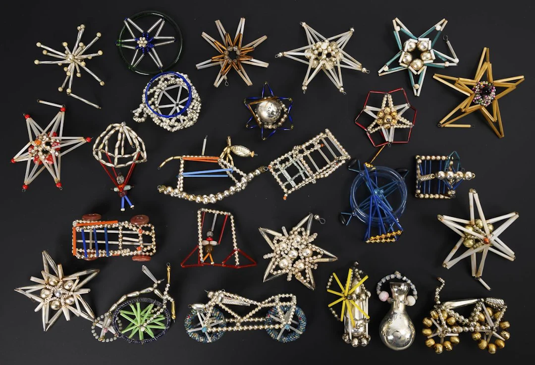 Collection of Gablonz Christmas tree ornaments.