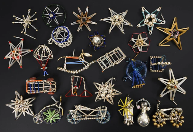 Collection of Gablonz Christmas tree ornaments.