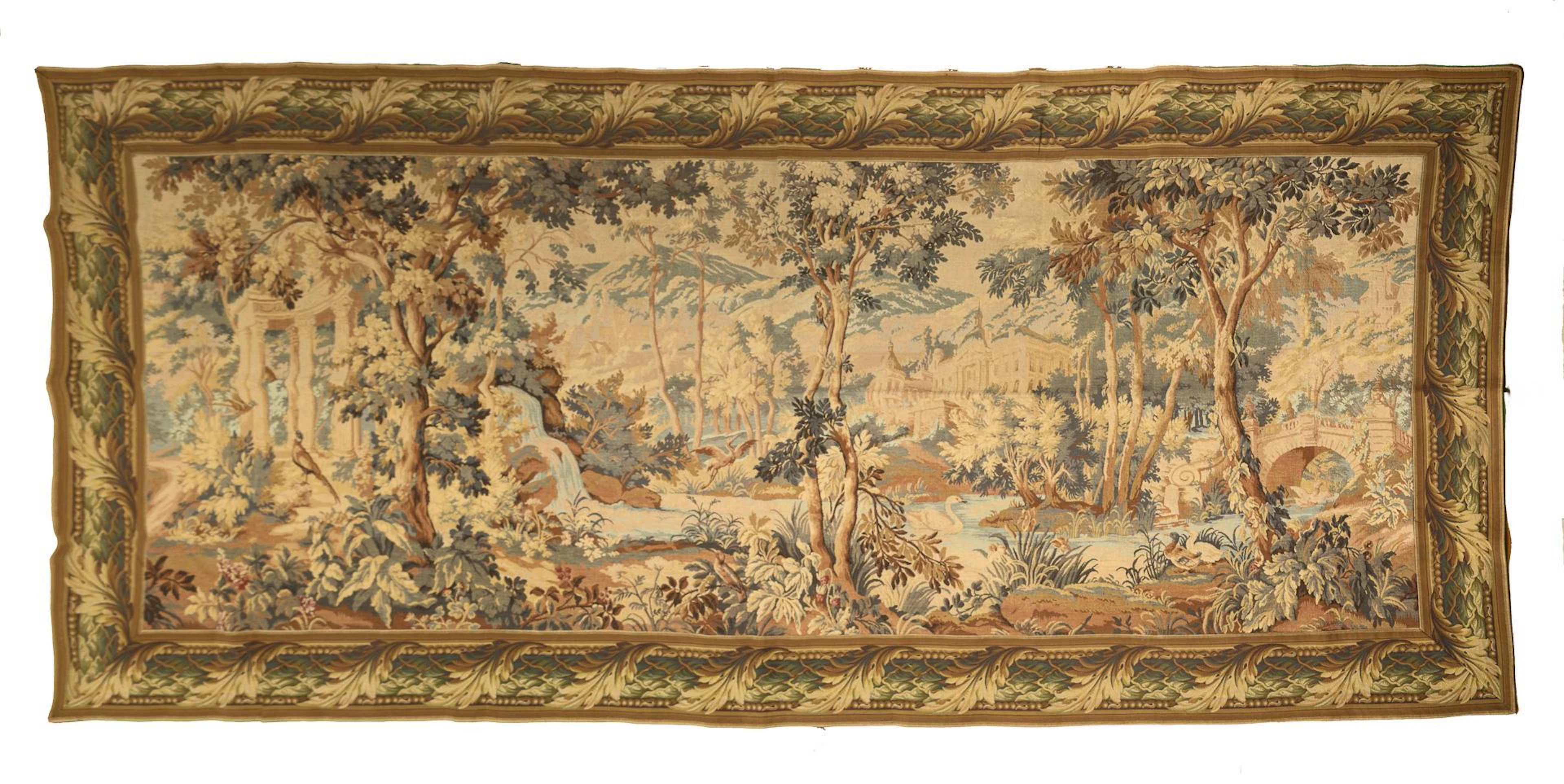Tapestry with view of a castle park and architecture.