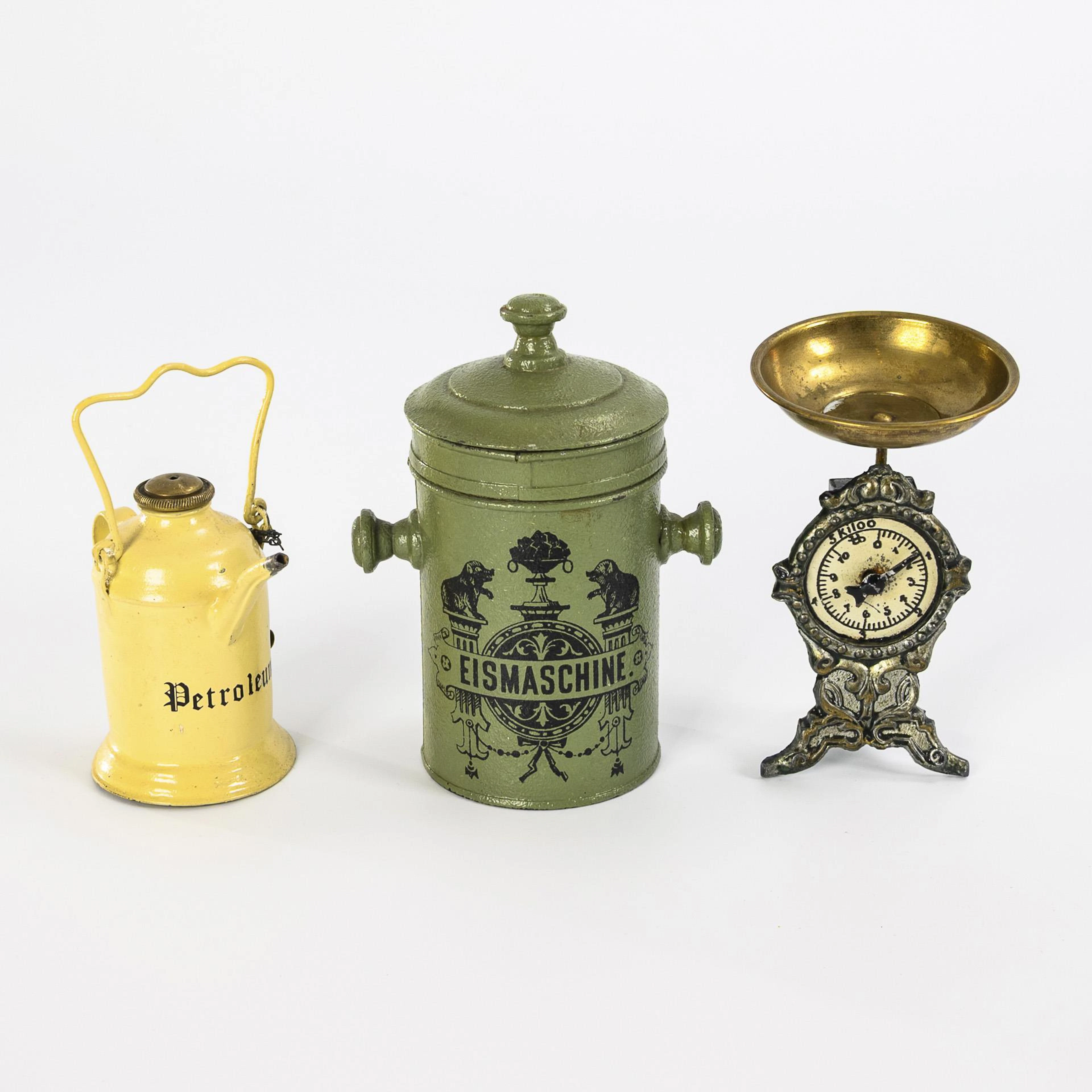 Bing ice cream maker, kitchen scales and oil can.