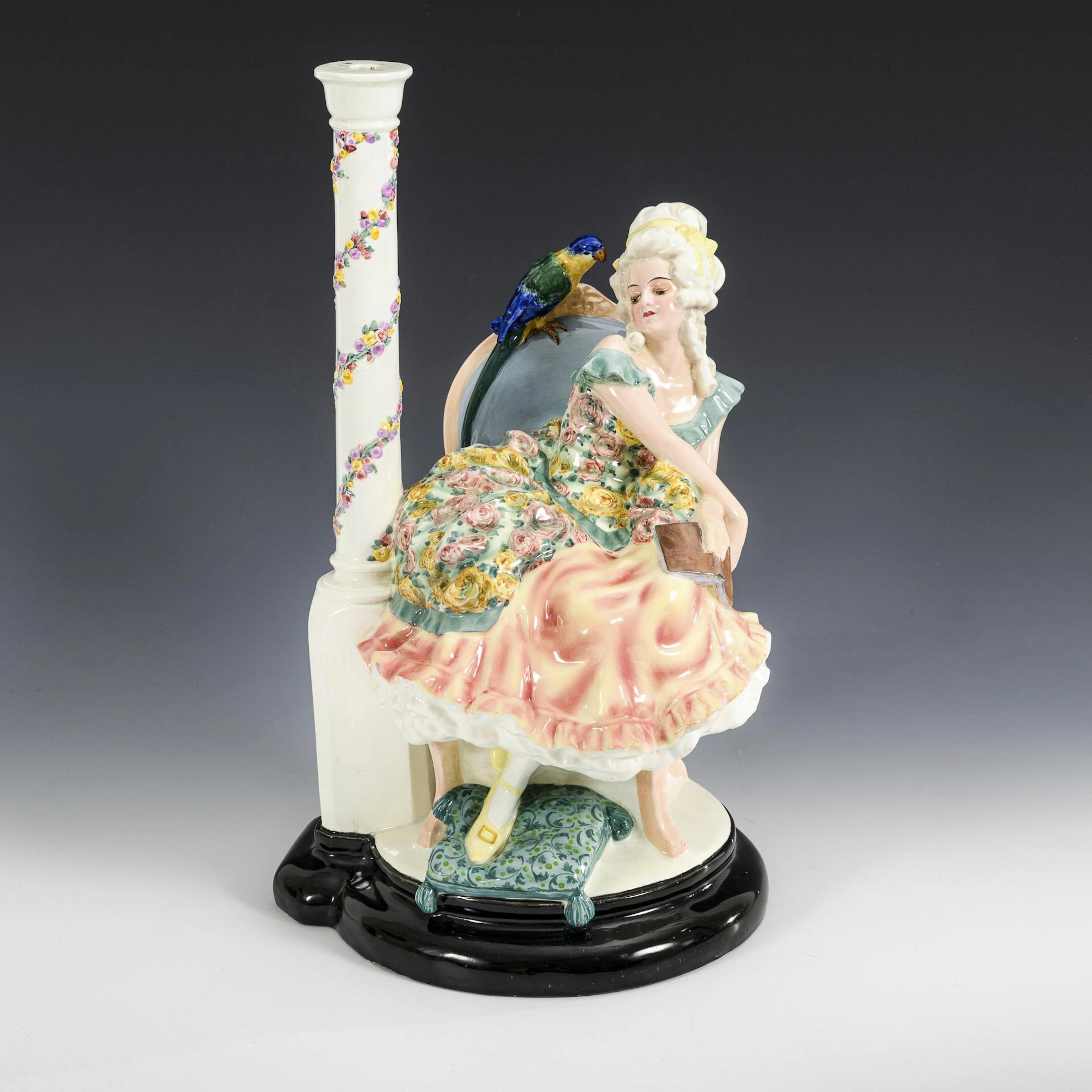 Art deco lamp base "Sitting rococo lady with book and parrot". Vienna