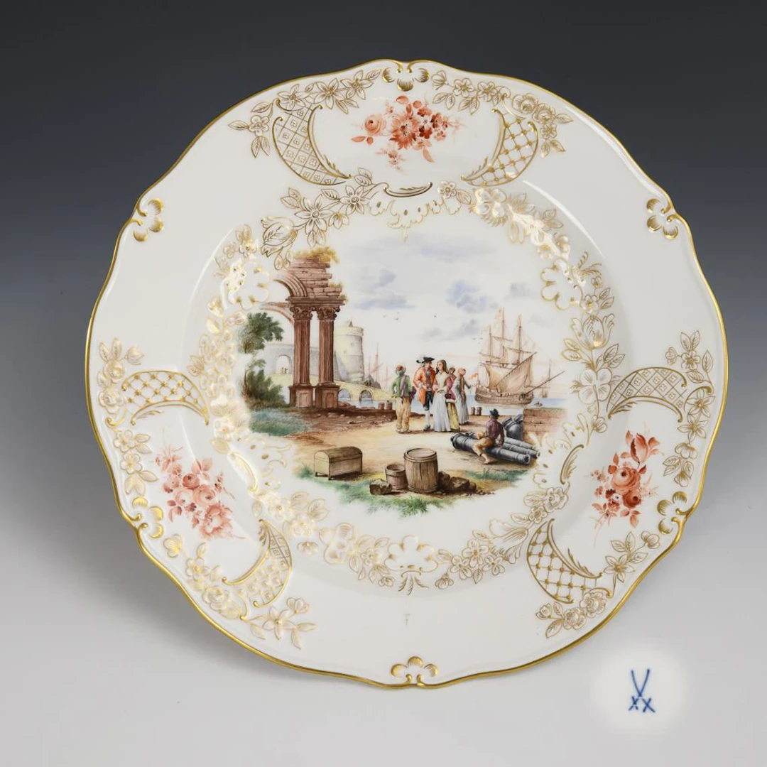 Plate with merchant ship design. Meissen.