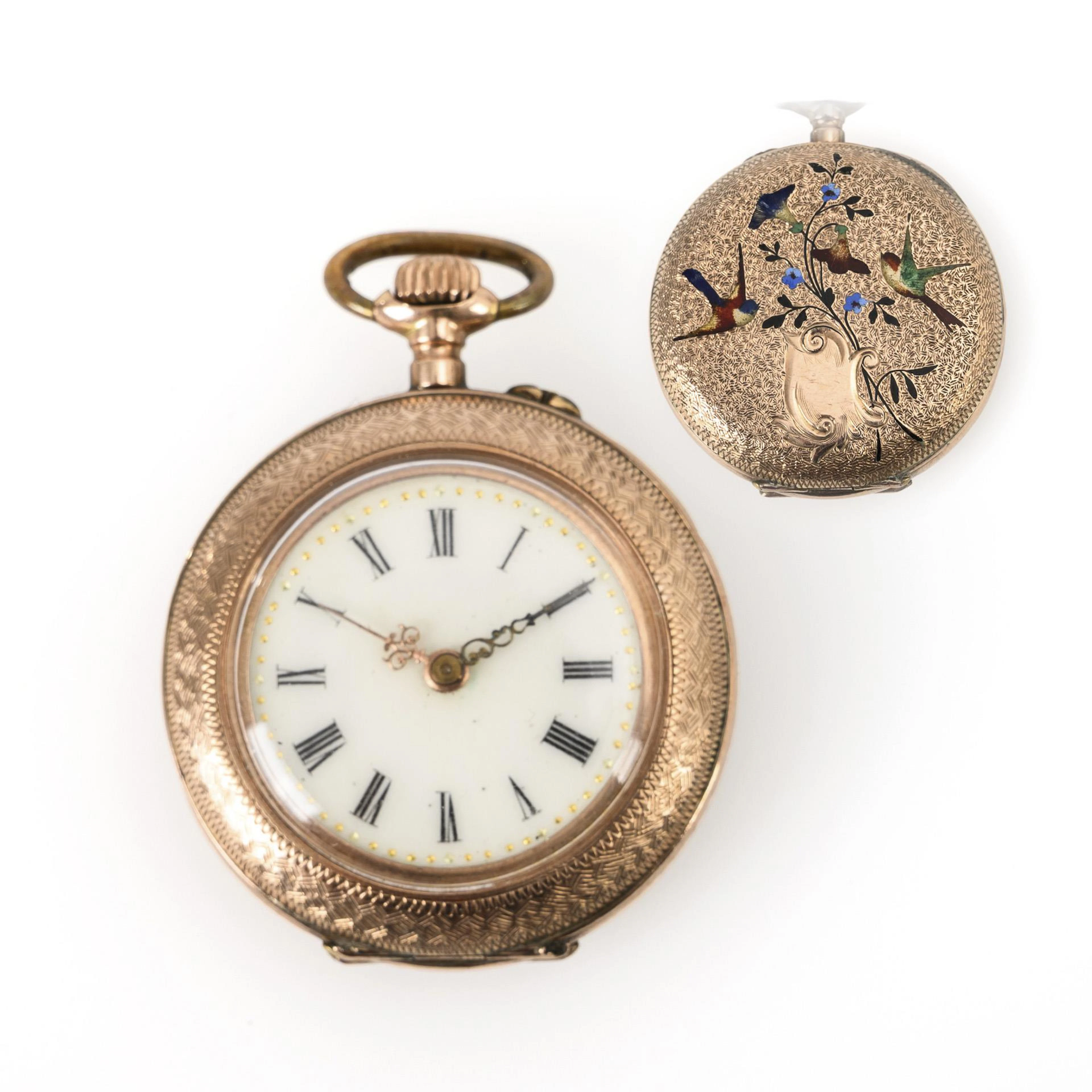Woman's pocket watch with bird motif.