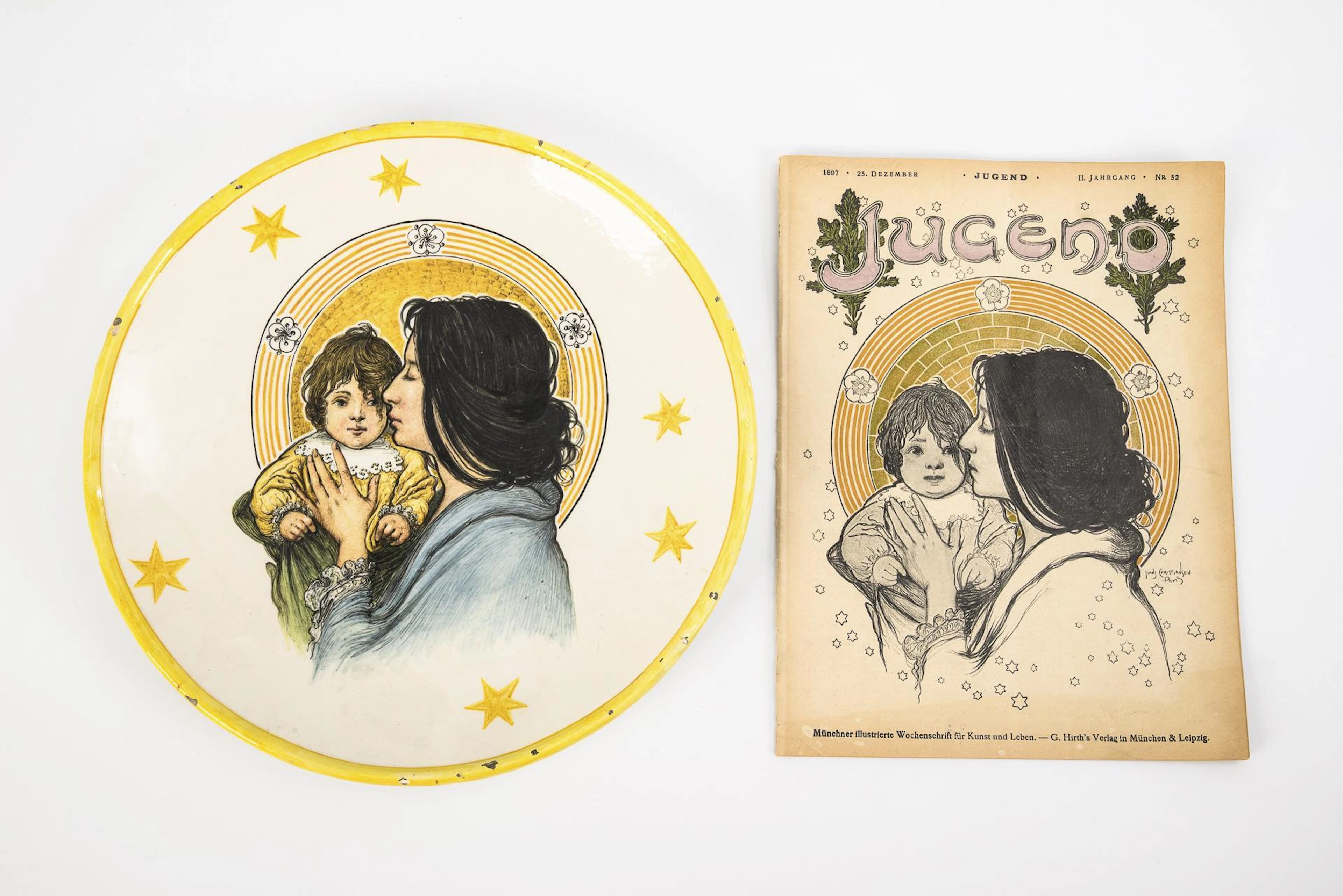 Art Nouveau plate with "Mother and Child" depiction by Hans Christiansen