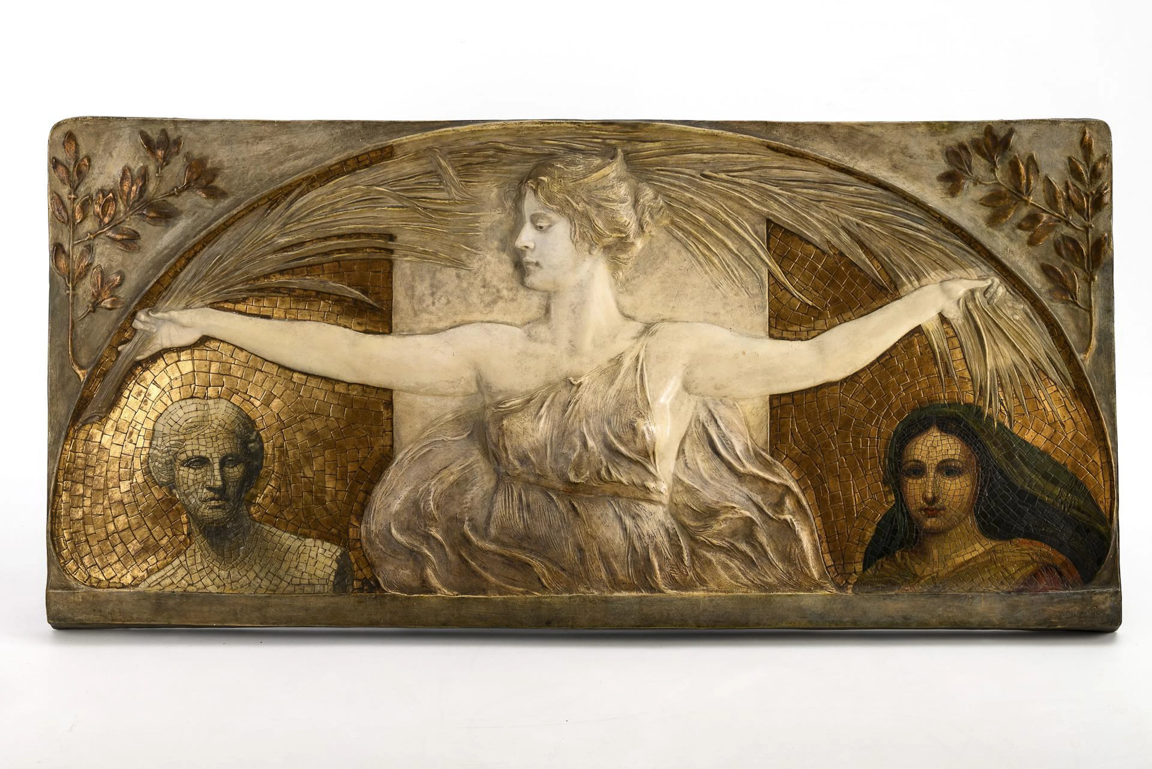Large iconic Art Nouveau mosaic wall relief with three women. Viennese