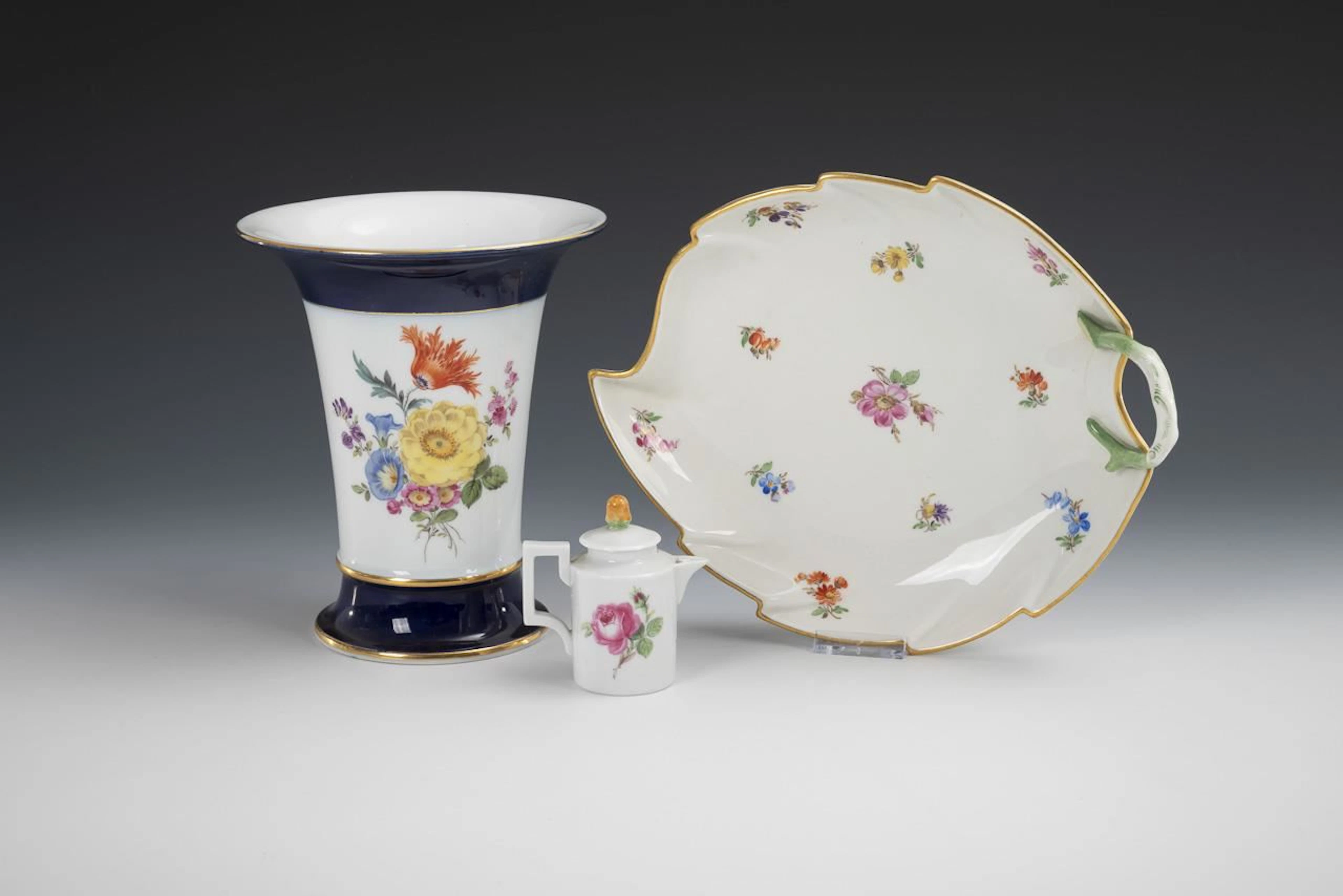 Vase, bowl, and small pitcher. Meissen.