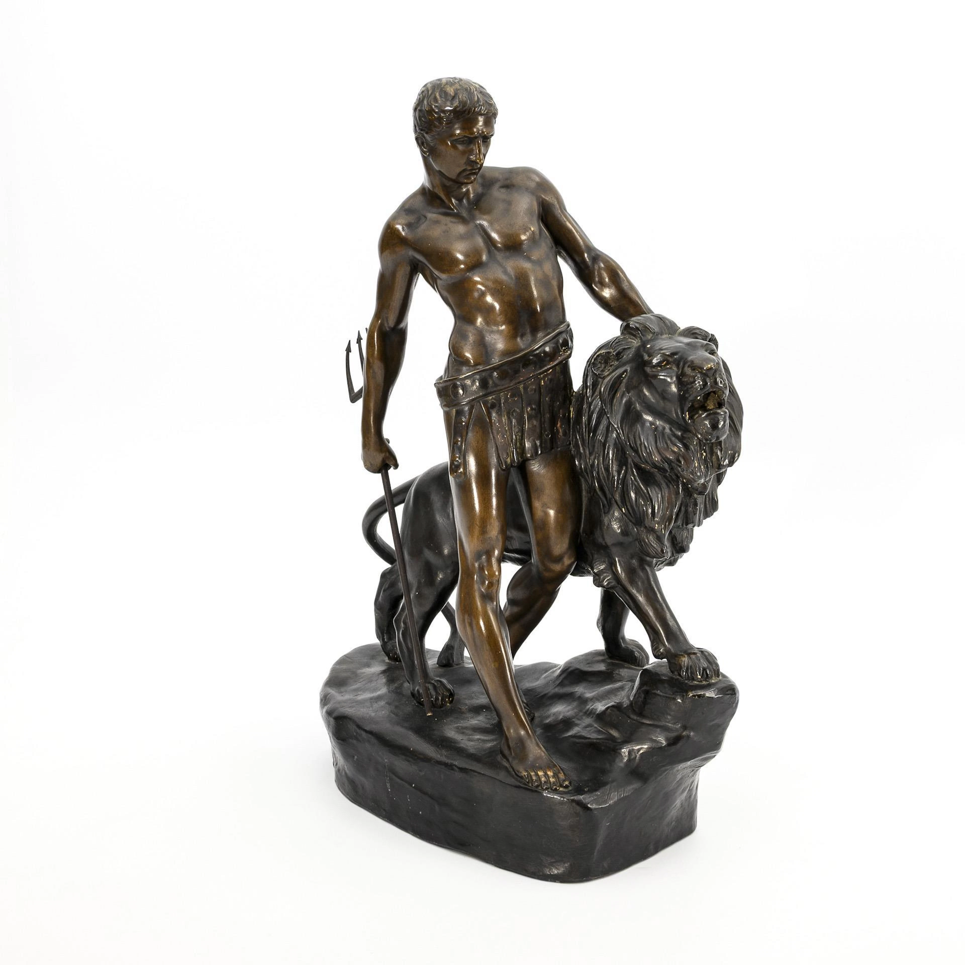 Art Nouveau terracotta figurine group "Gladiator, leading a lion".