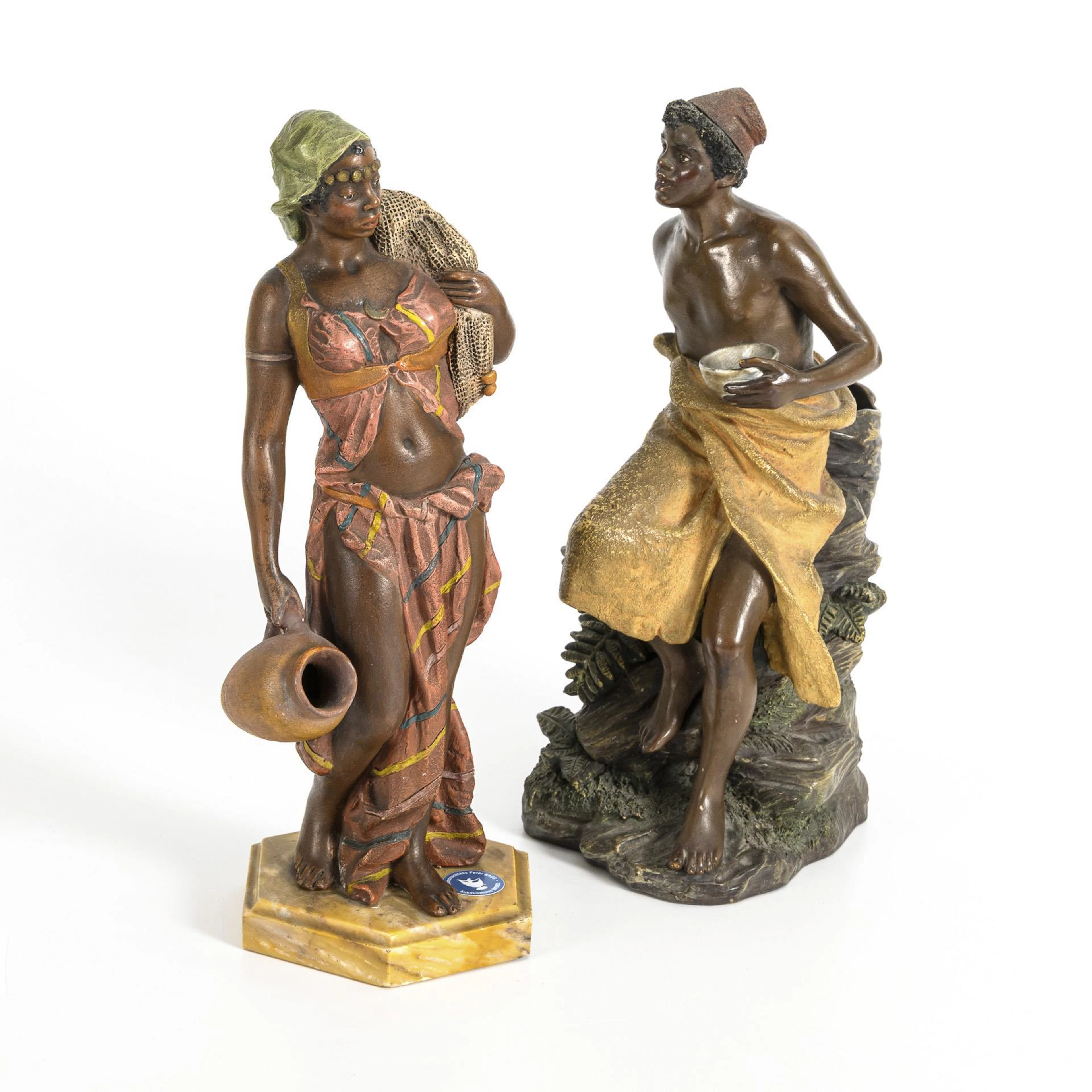 2 small Art Nouveau terracotta figurines "Oriental with bowl" and