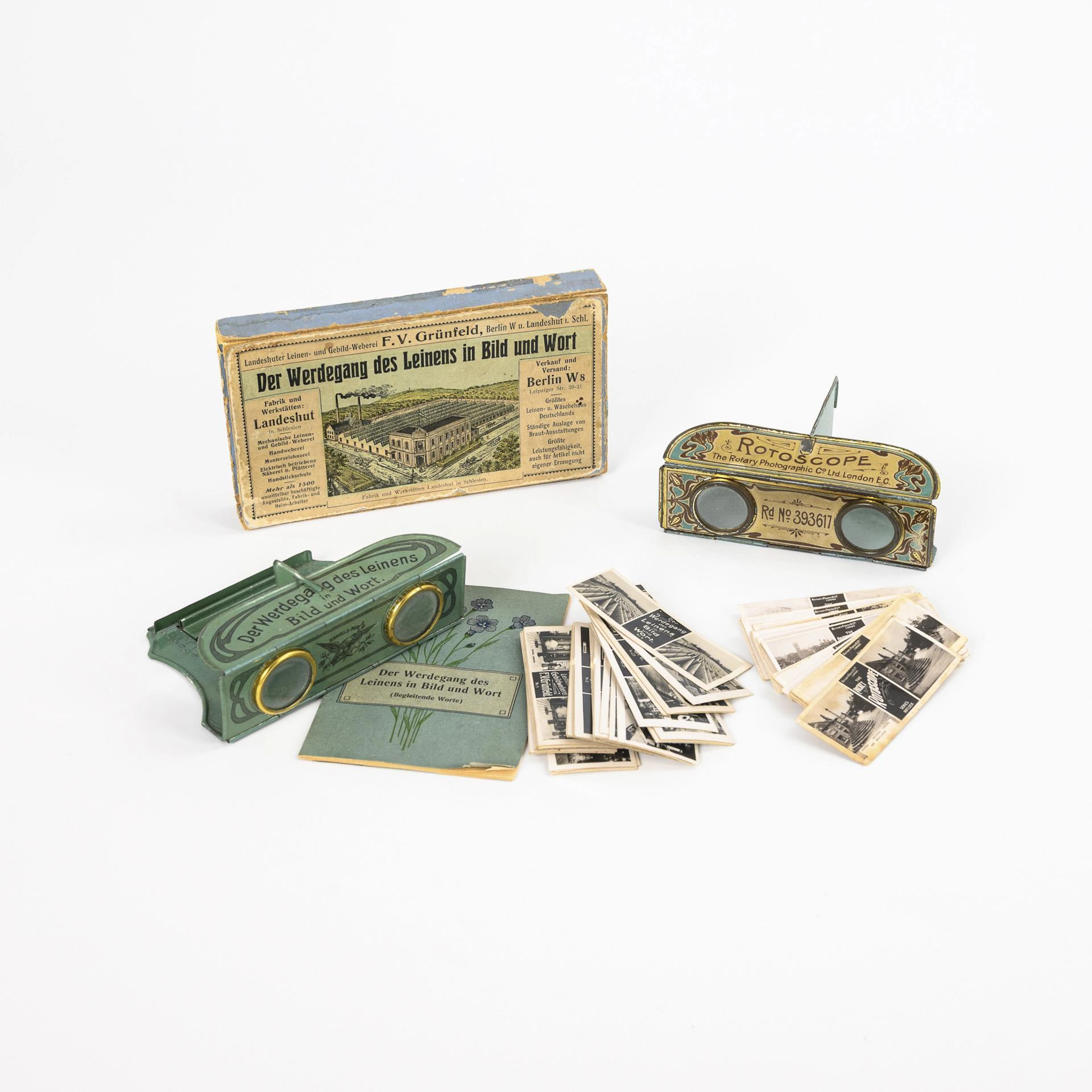 2 advertising stereoscopes: Landeshut linen weaving mill Grünfeld