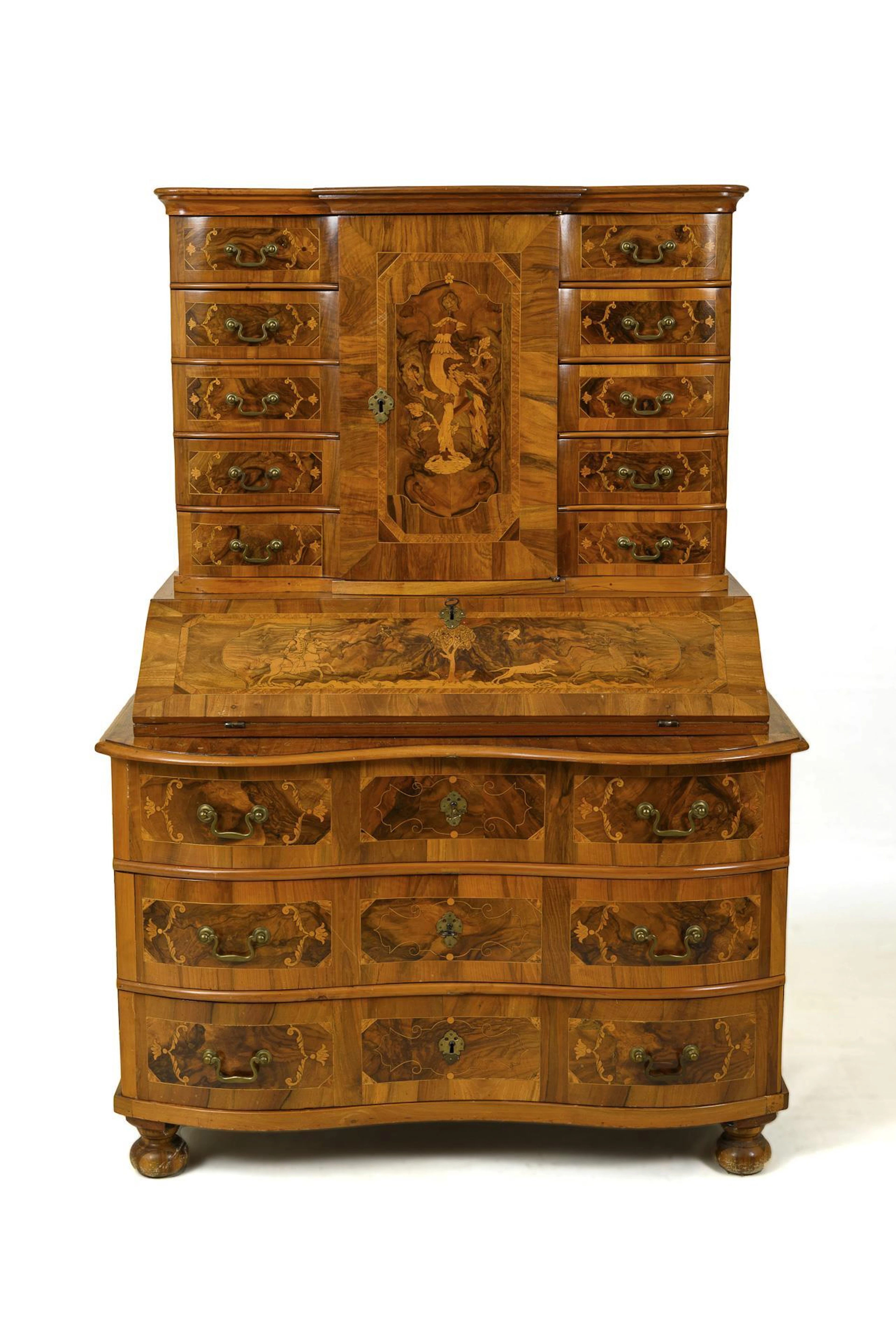 Baroque tabernacle top secretary with a hunting scene.