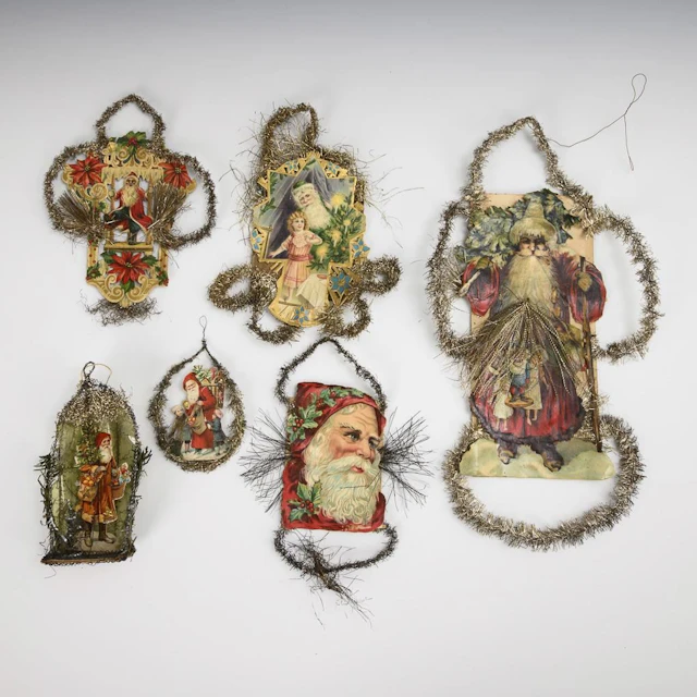 6 vintage Christmas tree ornaments.