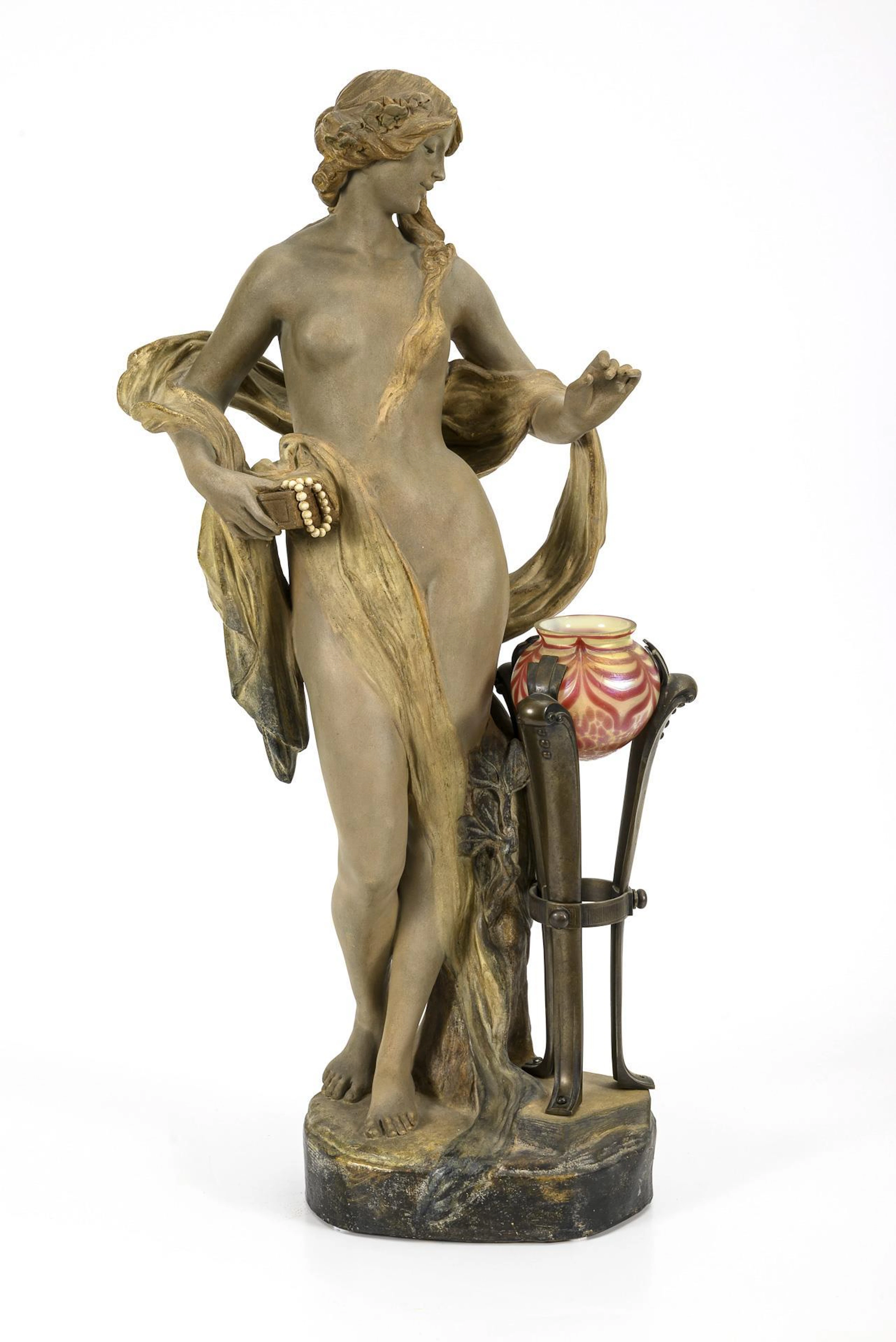 Large Art Nouveau terracotta female figure with Lötz vase in metal