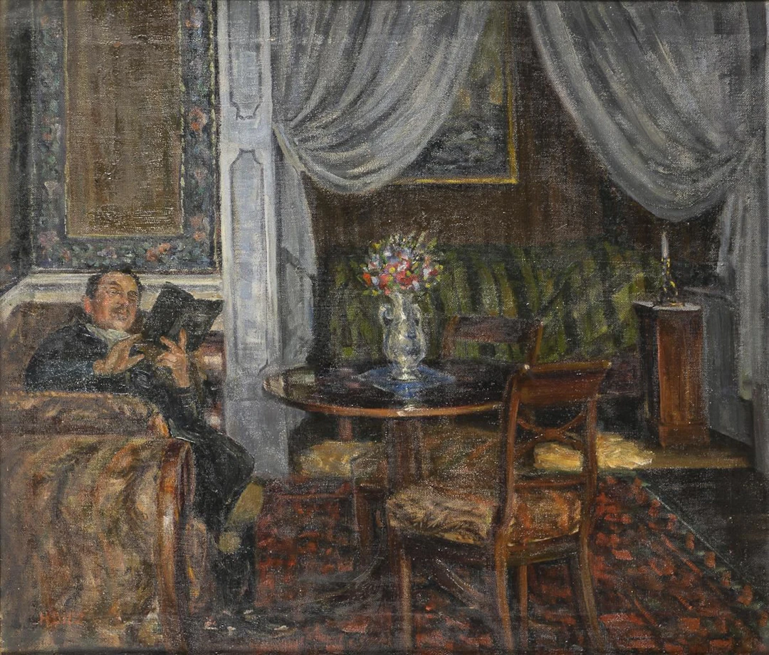 DIEZ, Hugo (1863 Roßfeld – 1943 Metzingen): Interior with a Reader.