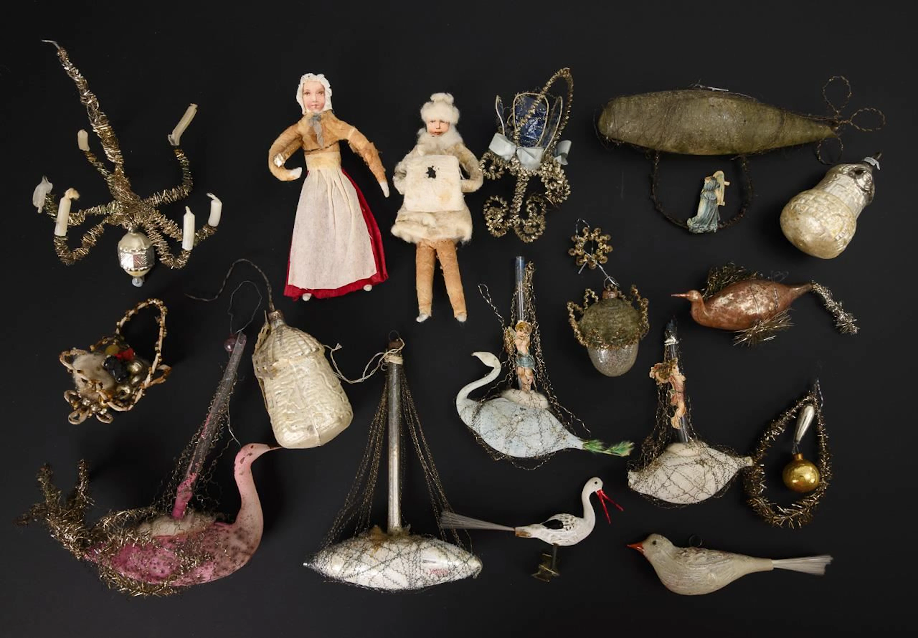 Assortment of old Christmas tree ornaments, some with Leonic wire. Leonic wire