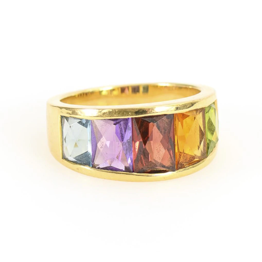 Ring set with multicolored gemstones.