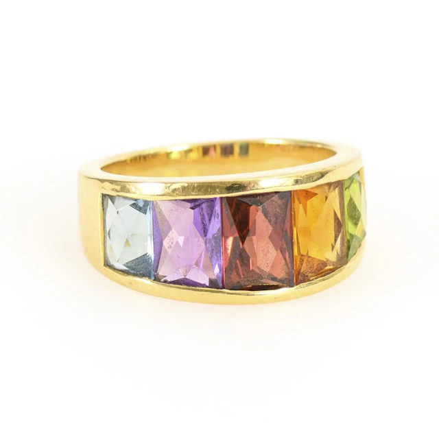 Ring set with multicolored gemstones.