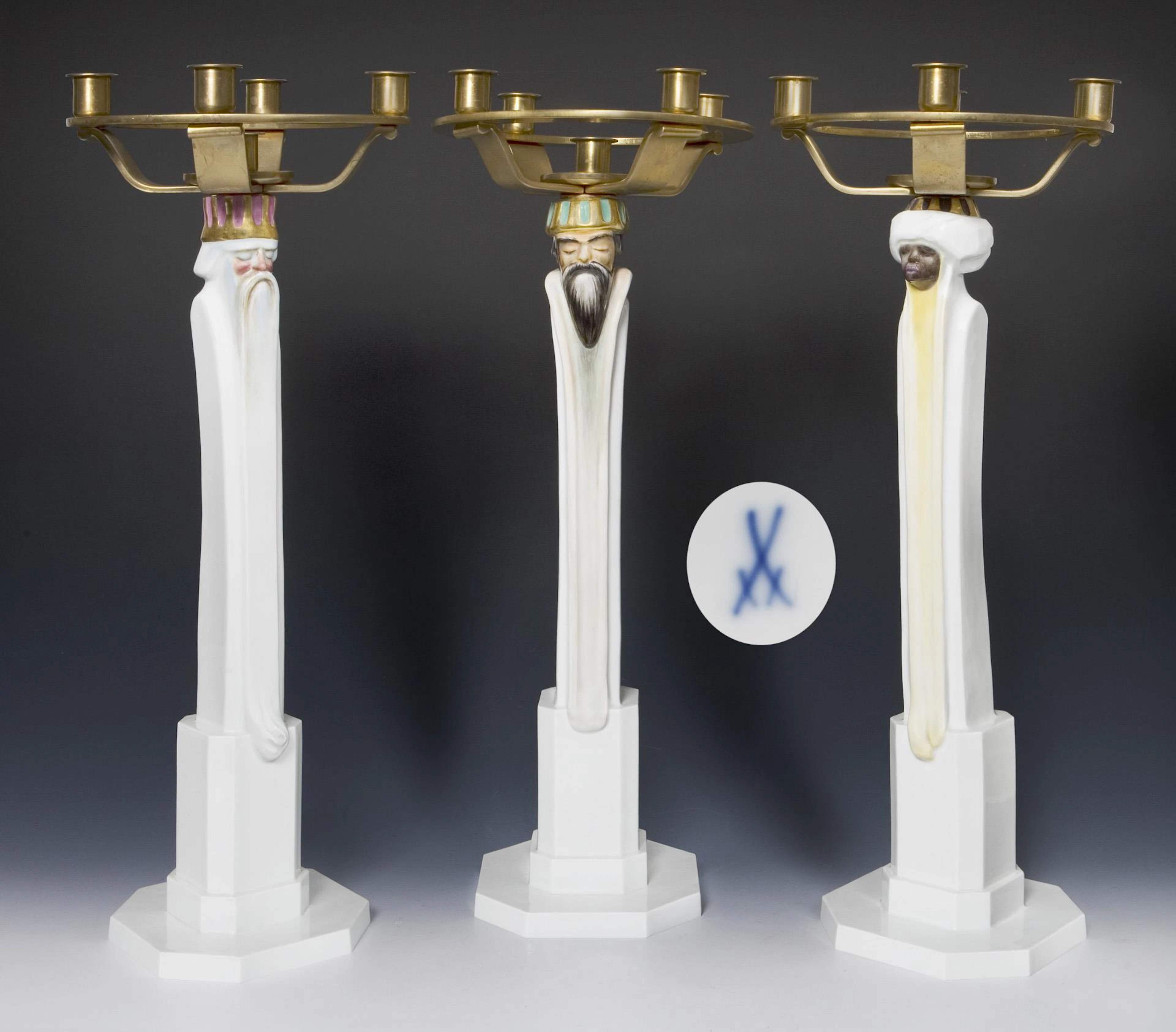 Set of 3 large candlesticks: The Three Wise Men. Meissen.