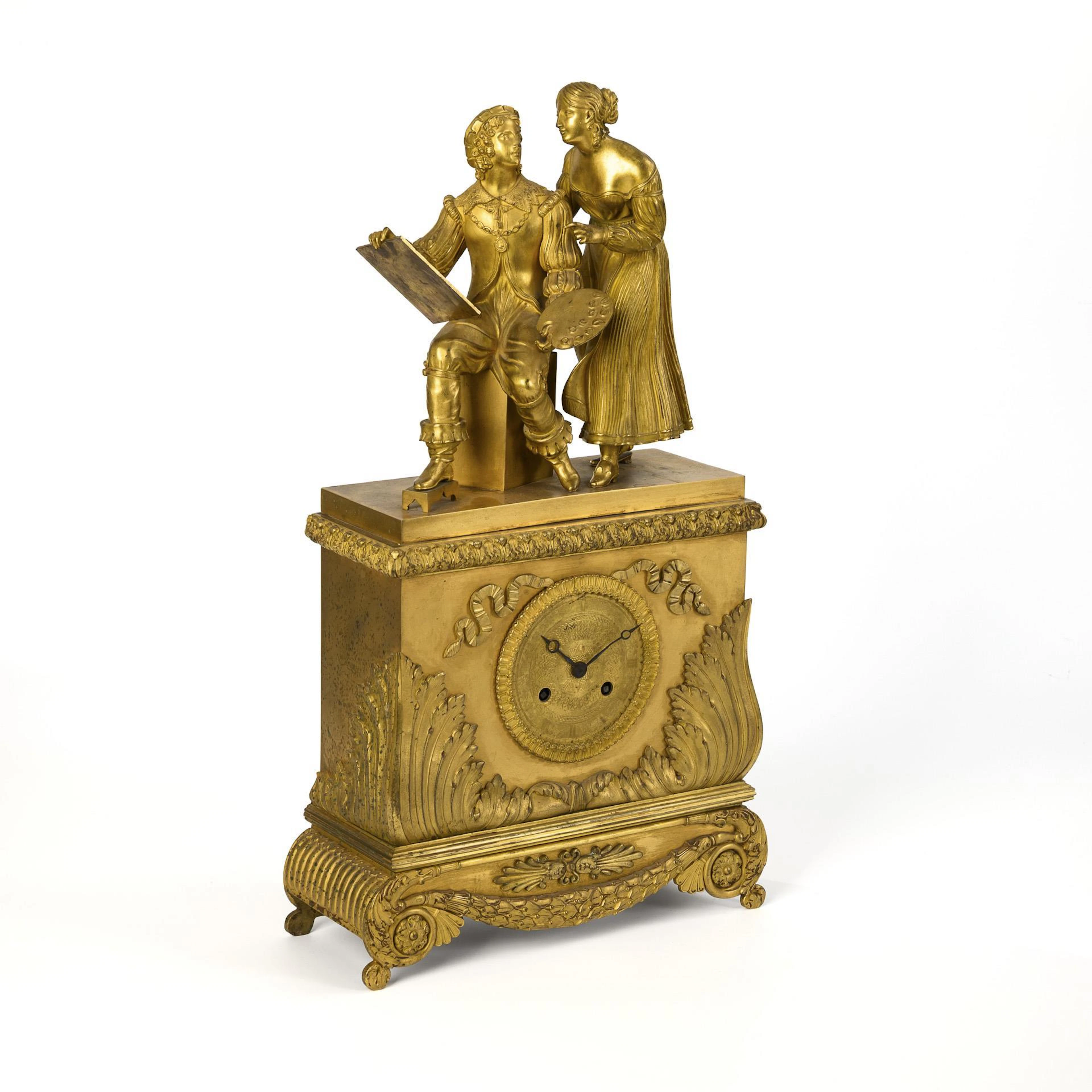French bronze pendulum with artist and lady.