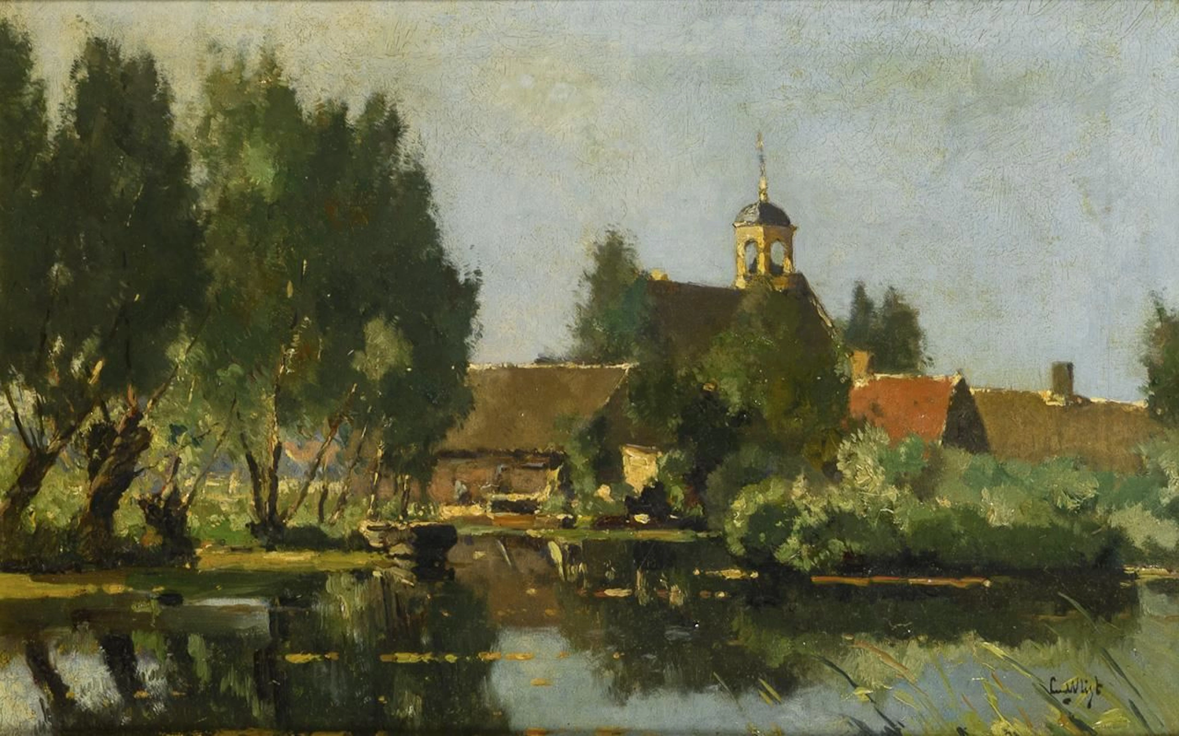 Indistinctly signed: Sunny River Landscape with Village