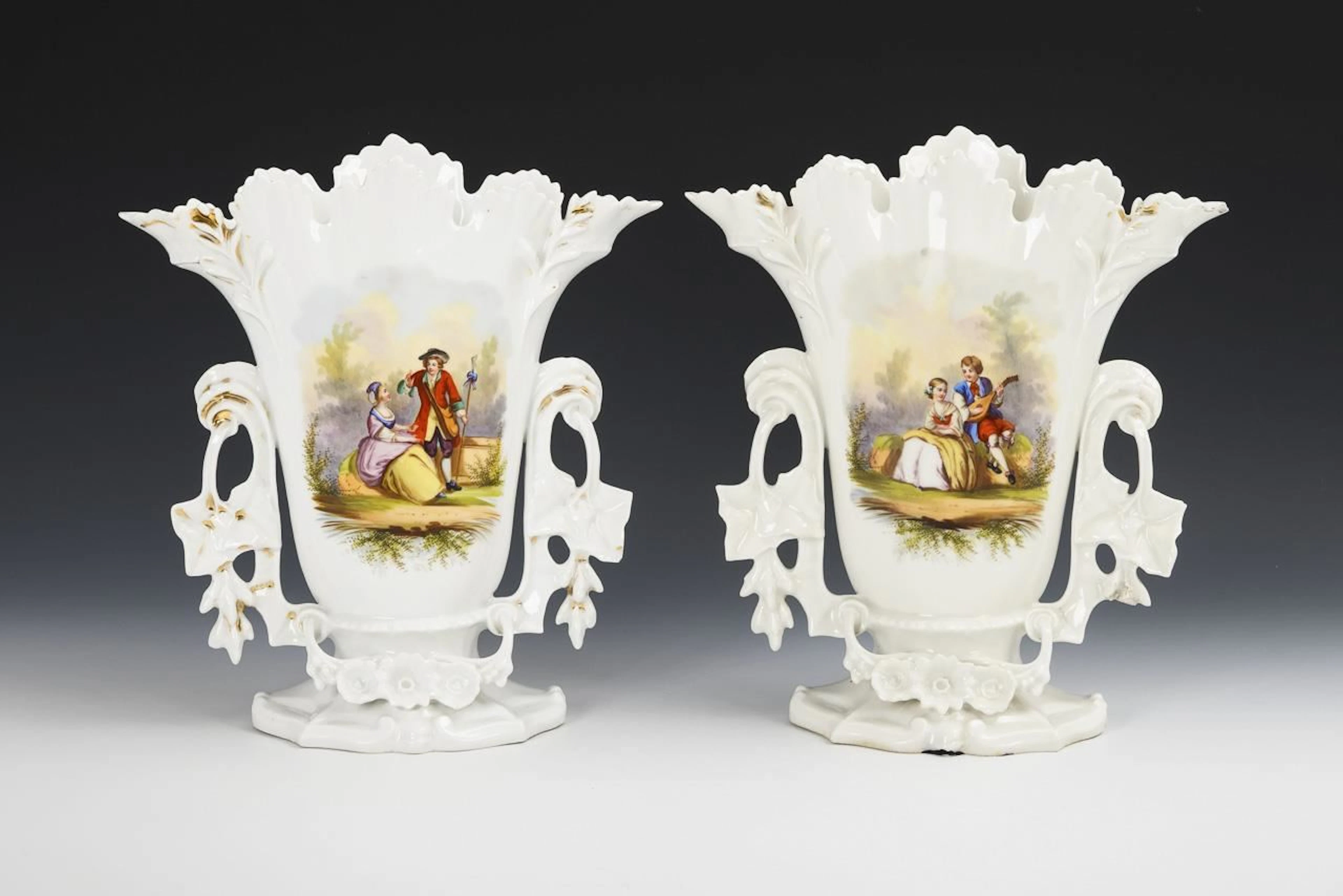 2 vertical vases with Watteau-style painting. Pirkenhammer.