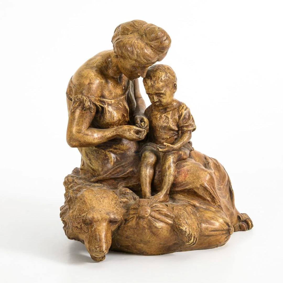 Art Nouveau terracotta sculpture group "Mother and Child on a Bearskin"