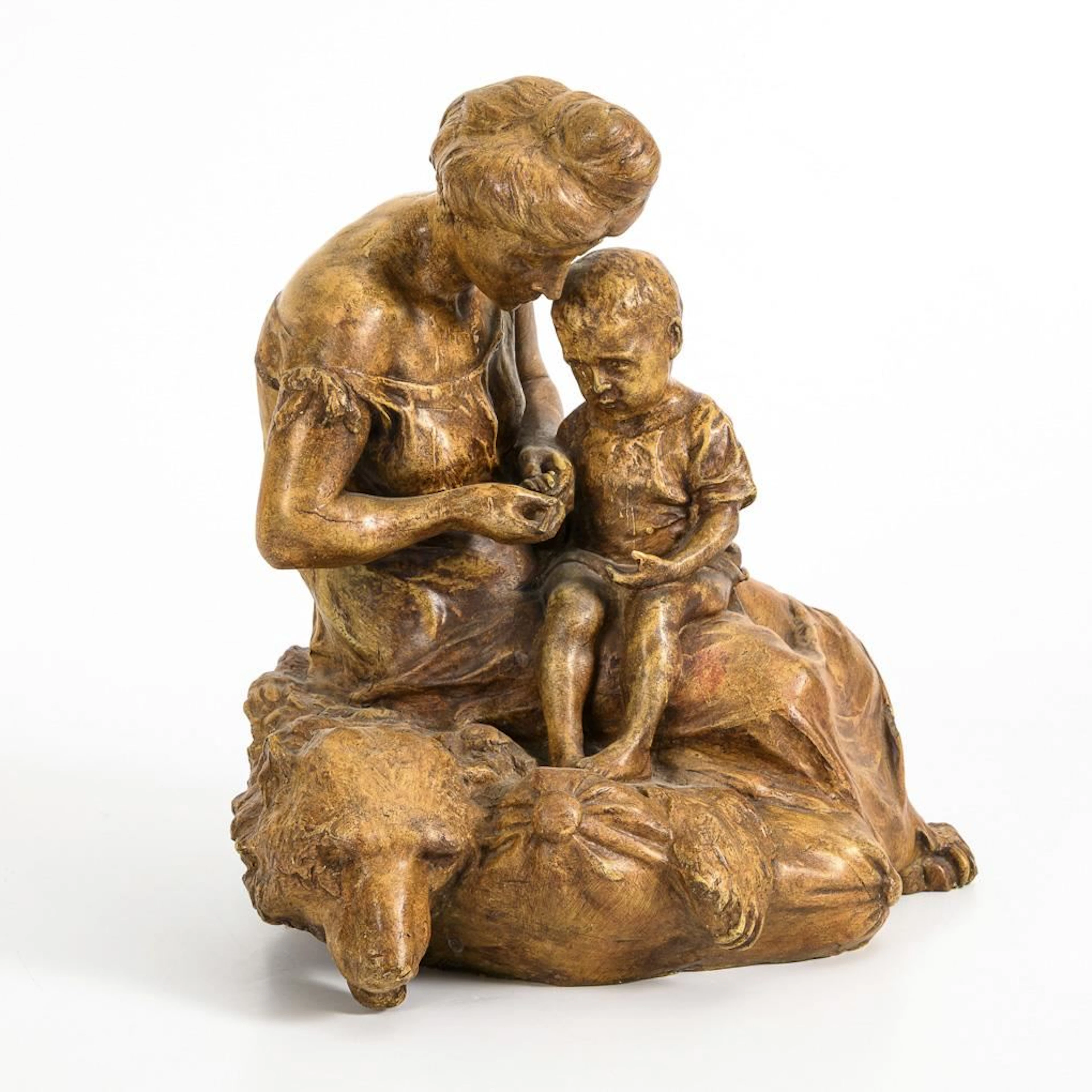 Art Nouveau terracotta sculpture group "Mother and Child on a Bearskin"
