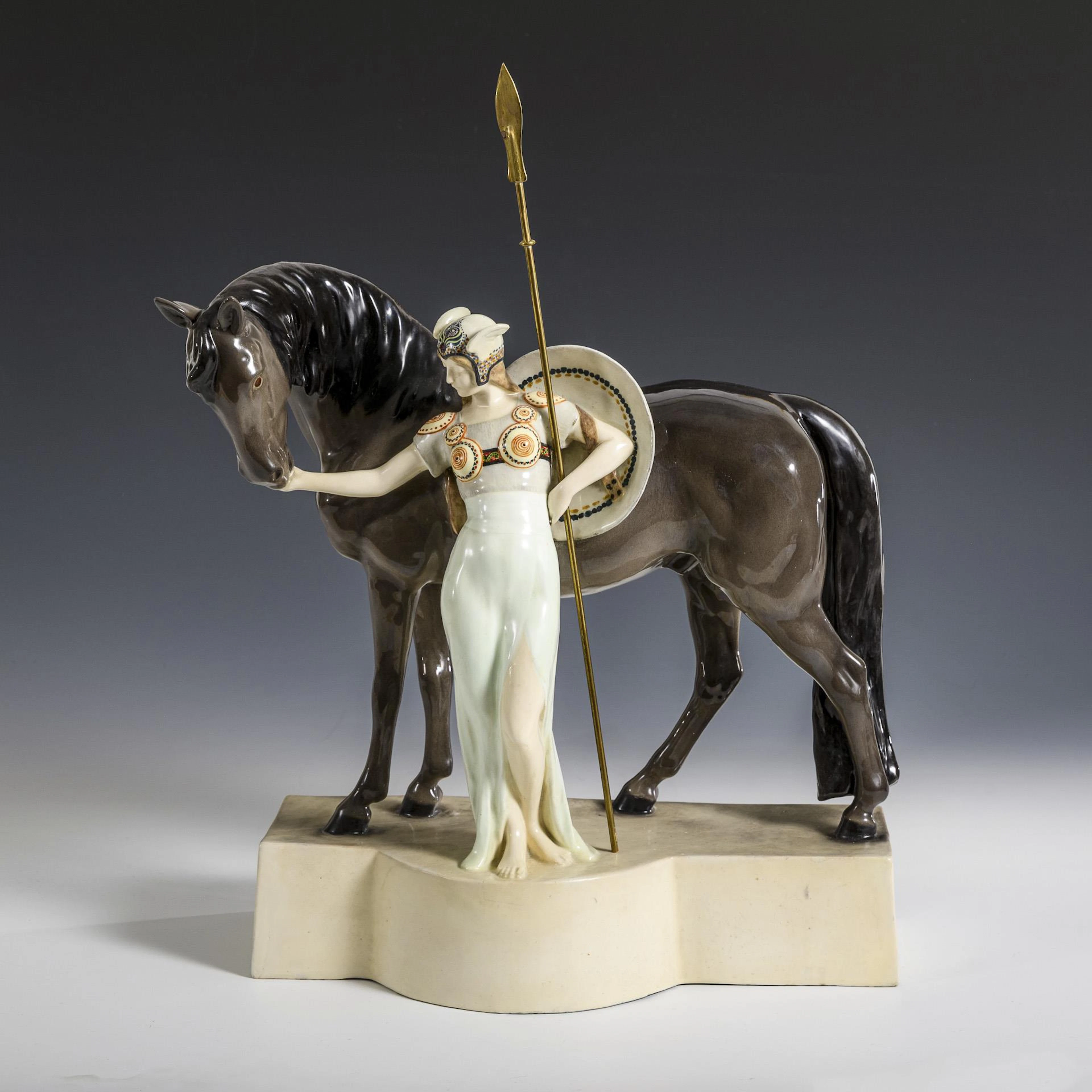 Art Nouveau figurine group "Amazon with shield and horse". Viennese