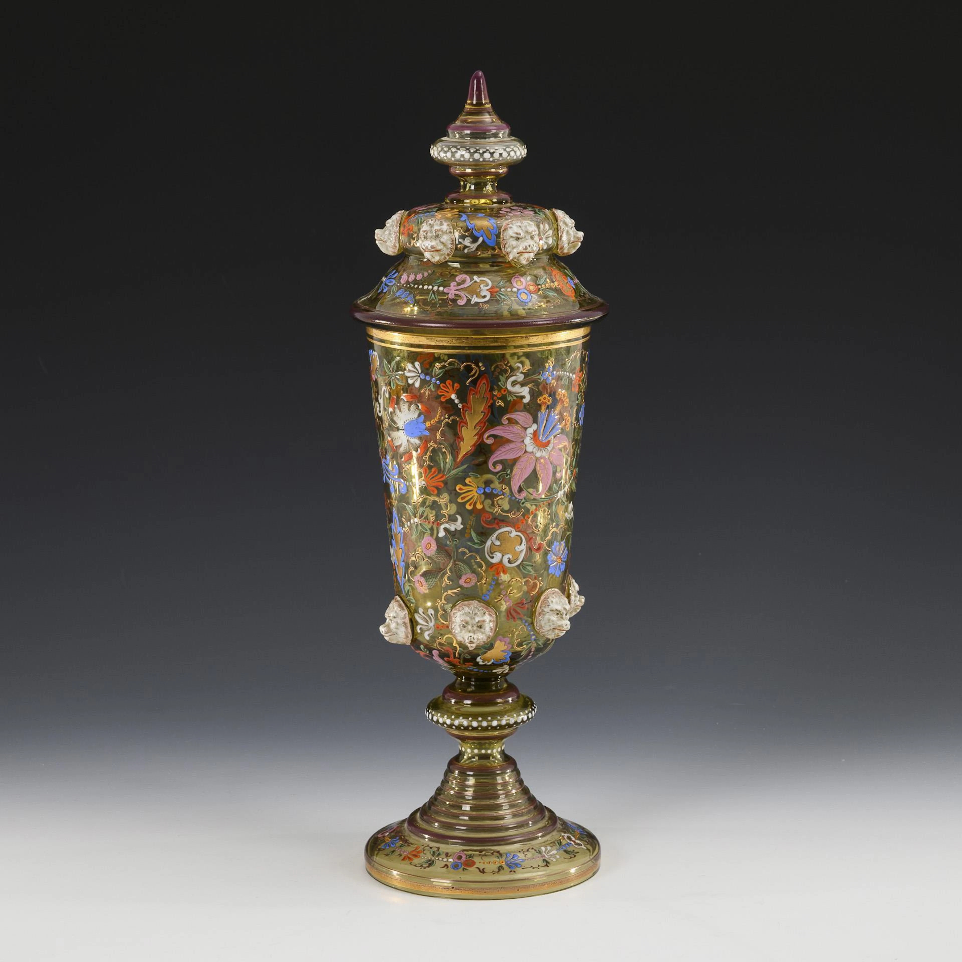 Historicism lidded goblet with enamel painting.