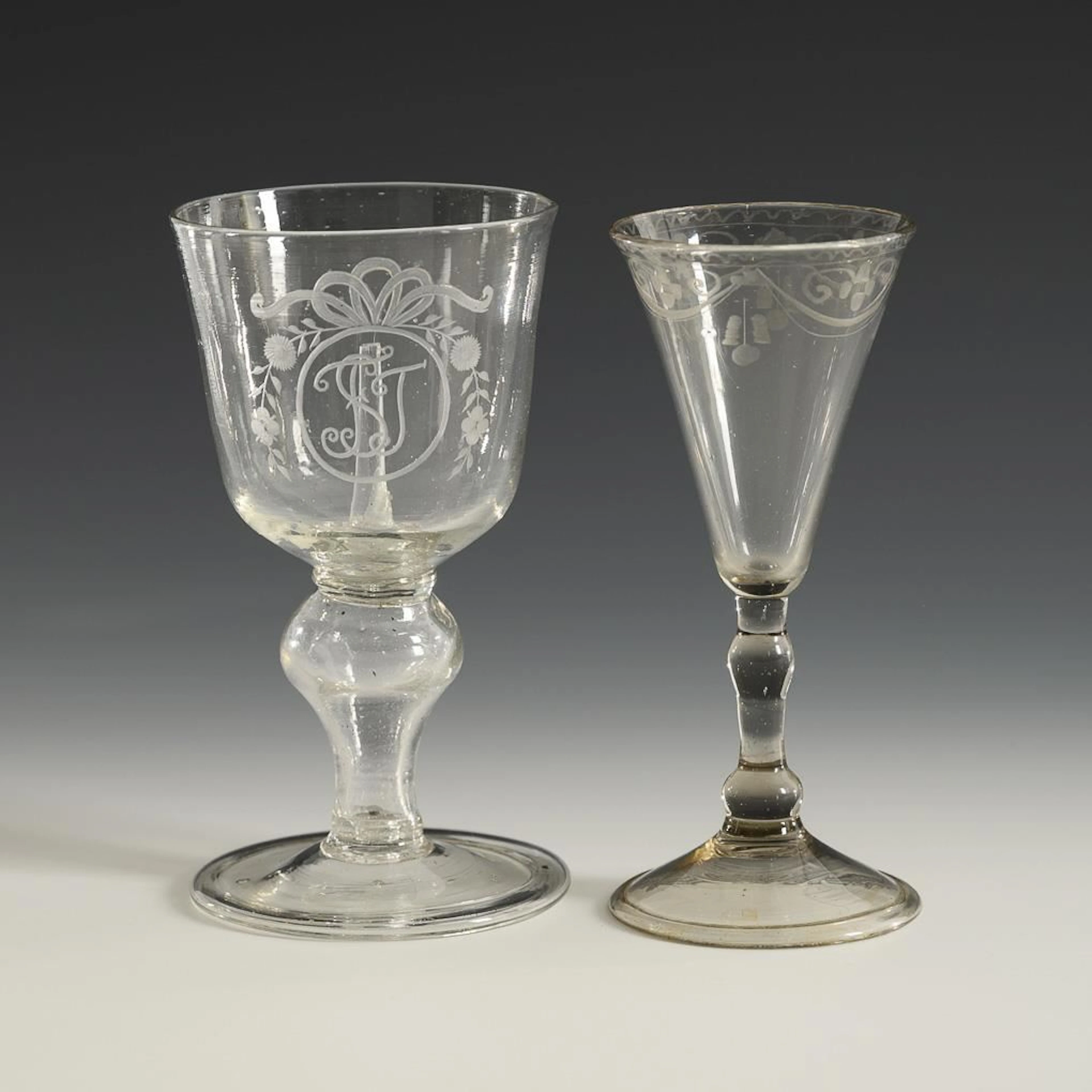 Broken joke glass and goblet.