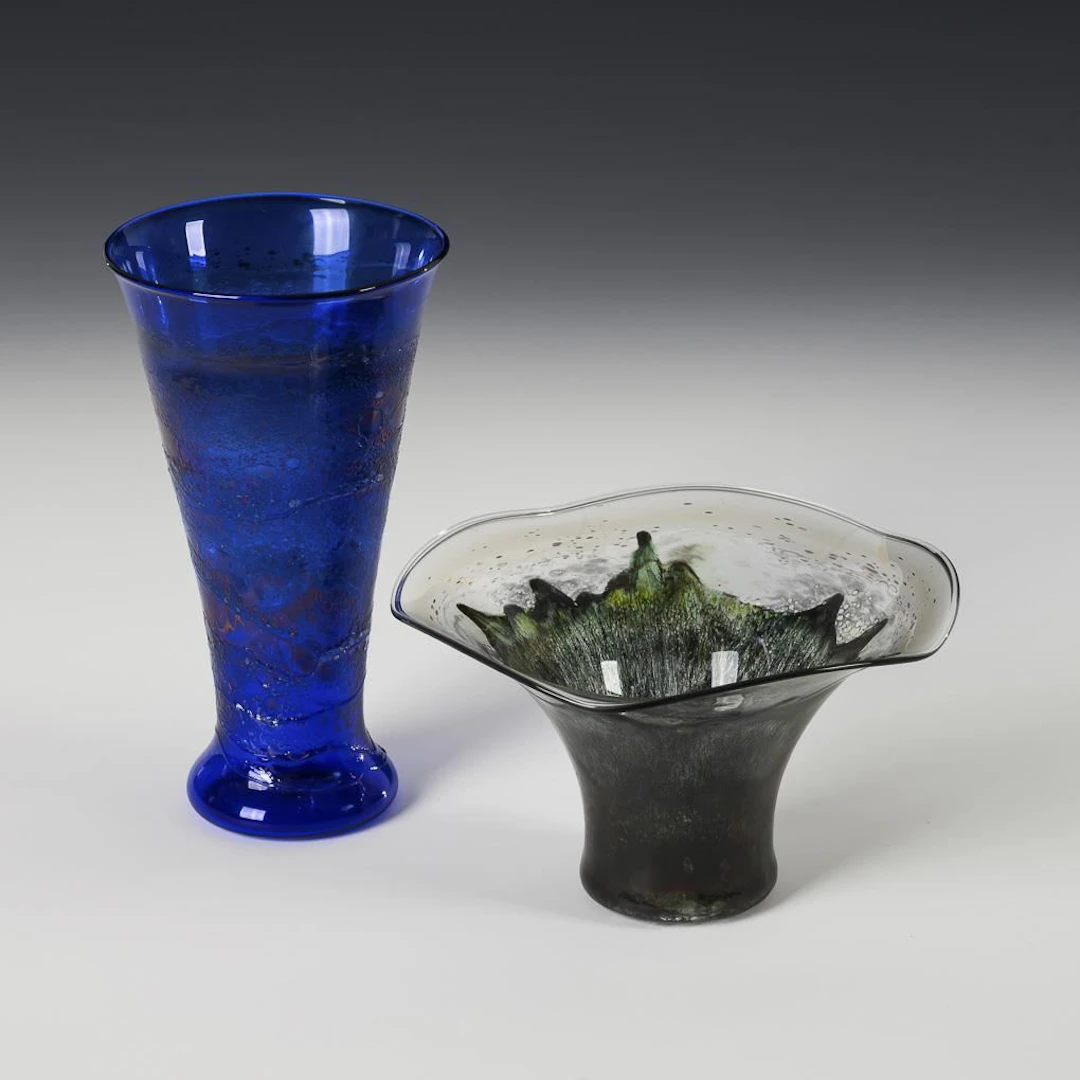 Artist-crafted glass vase and bowl.
