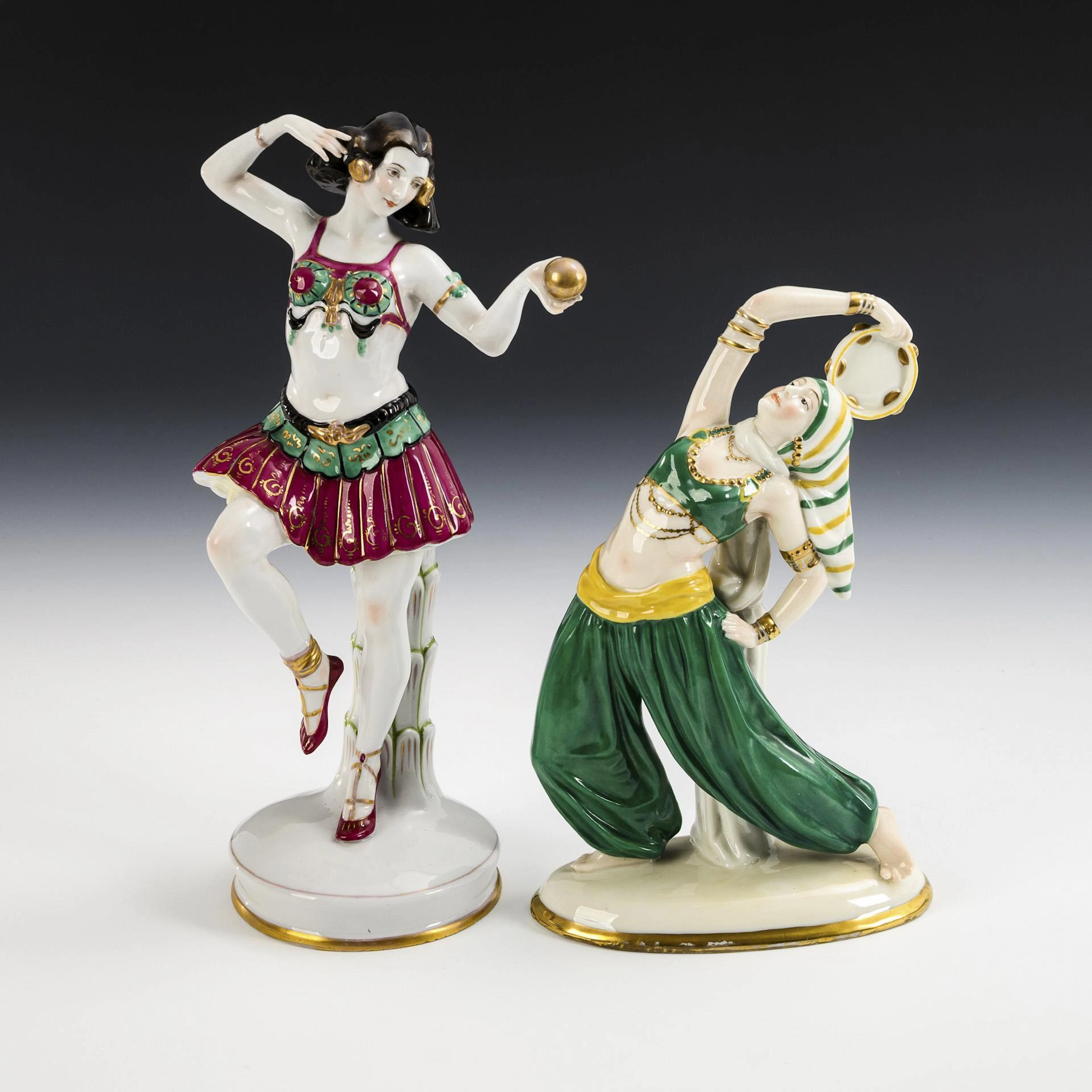2 art deco dancers: Tambourine dancer and dancer with ball.
