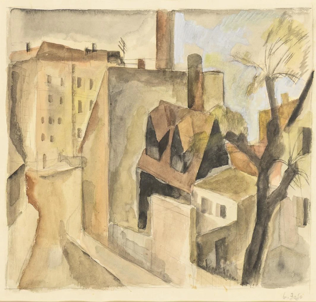 Indistinctly signed: View Over Rooftops