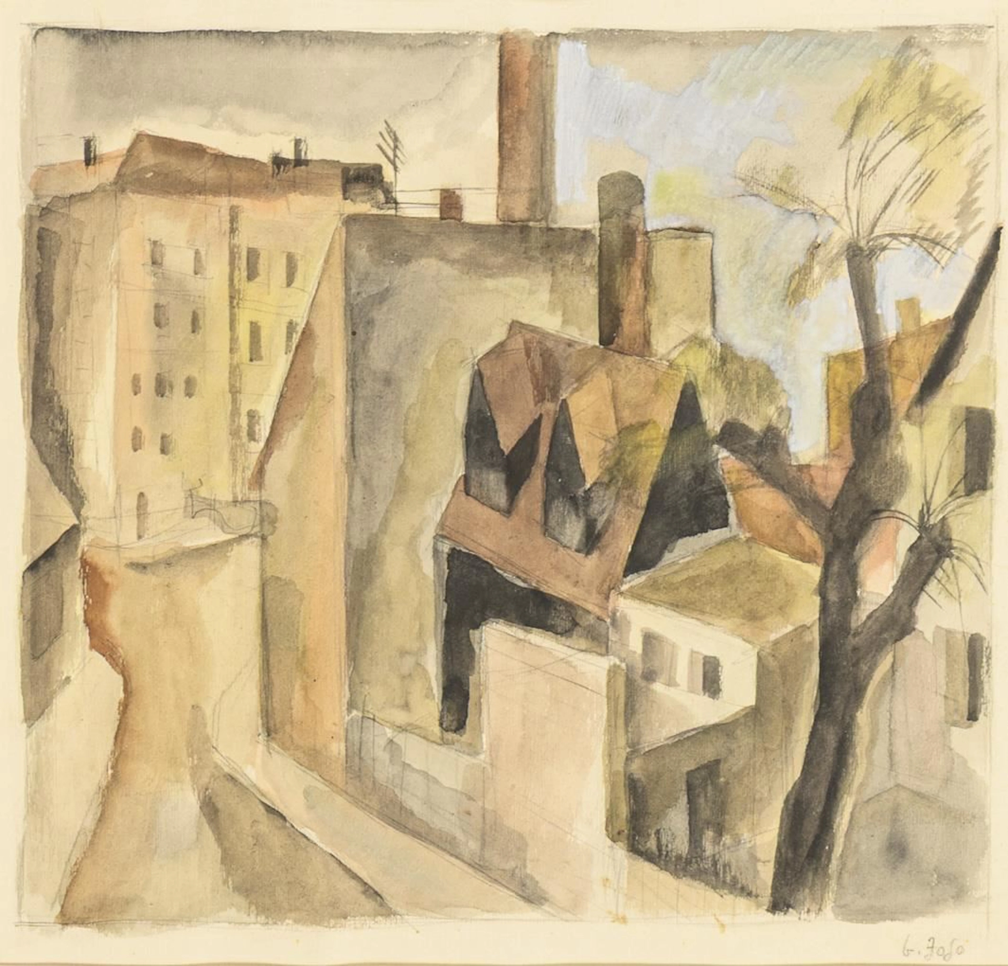 Indistinctly signed: View Over Rooftops
