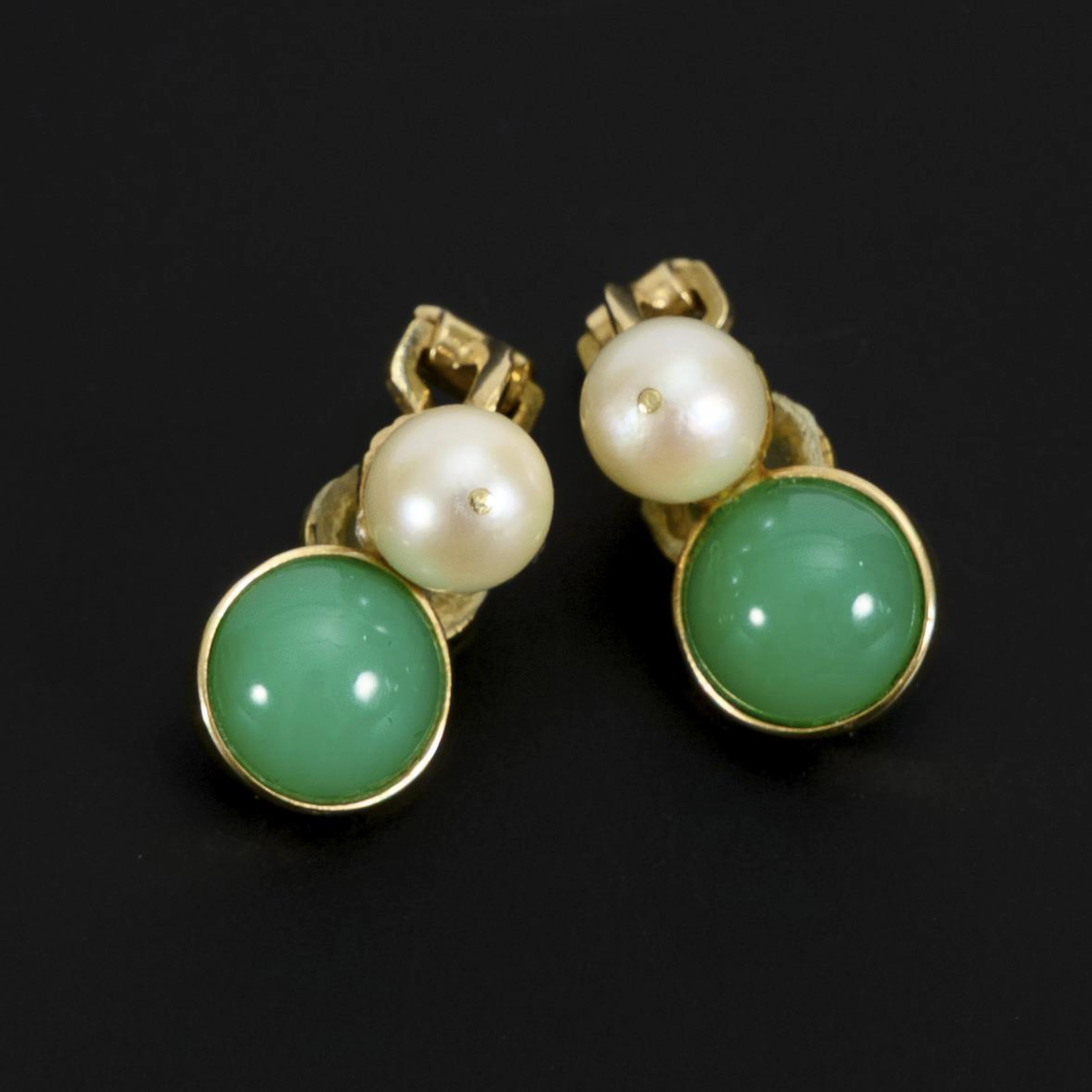 Ear clips with chysoprase cabochon and pearl.